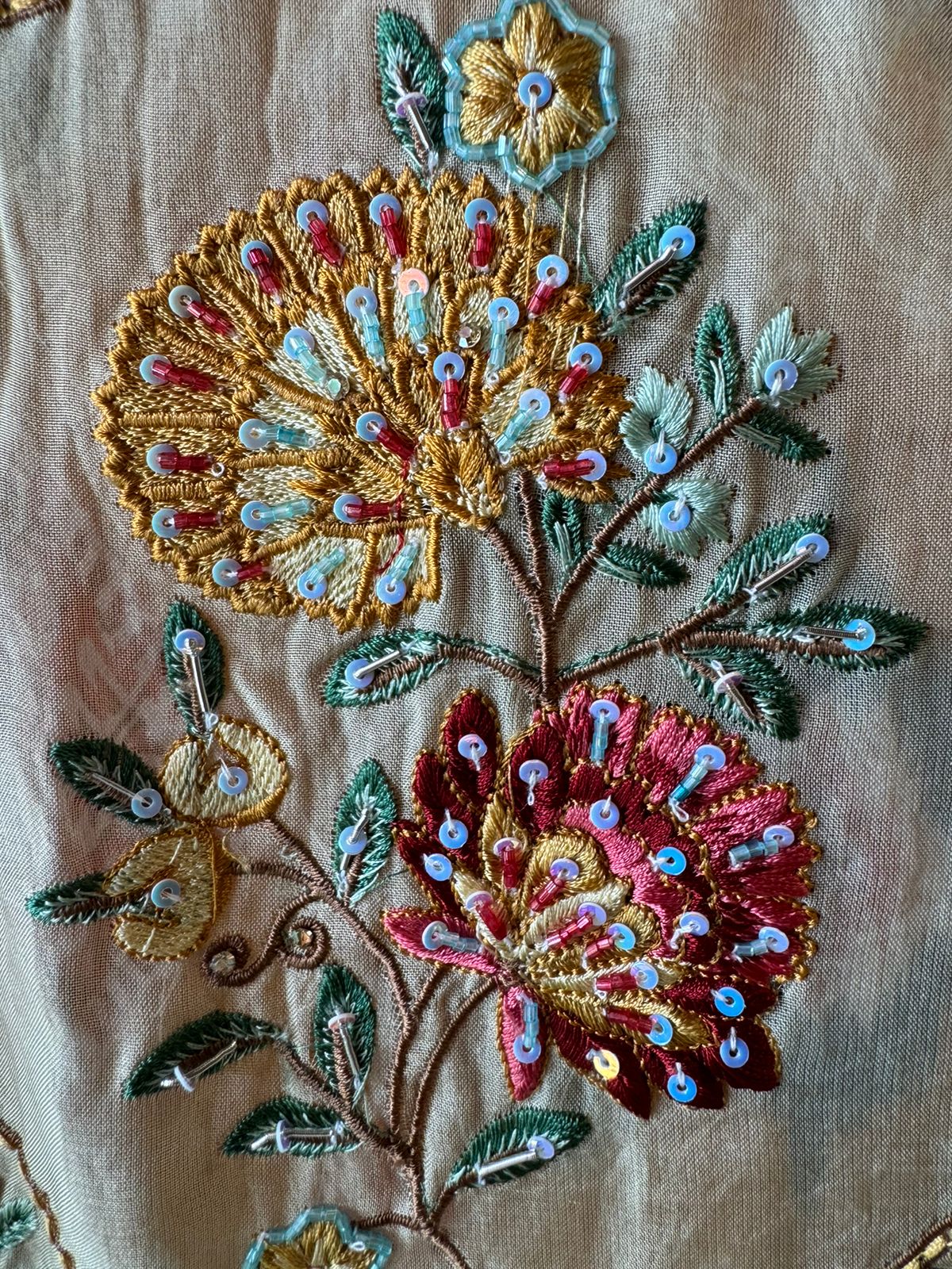 Digital Ikkat printed unstitched suit concept with thread work