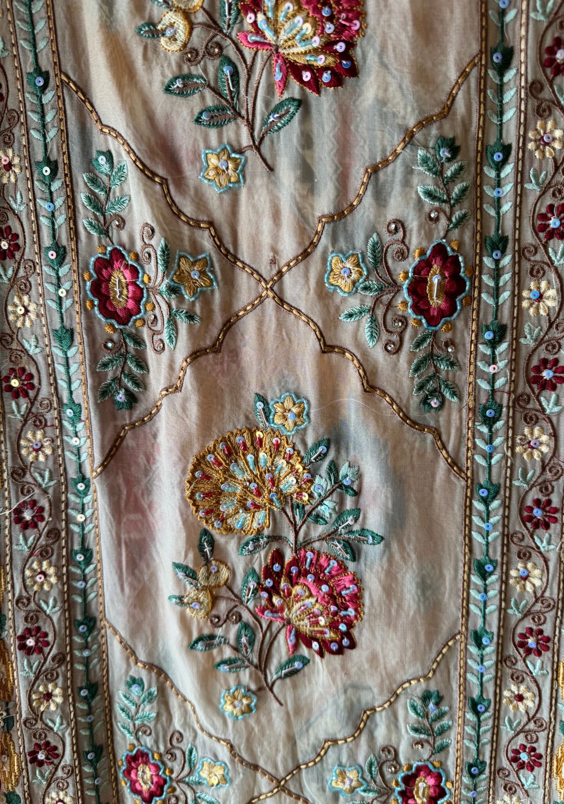 Digital Ikkat printed unstitched suit concept with thread work