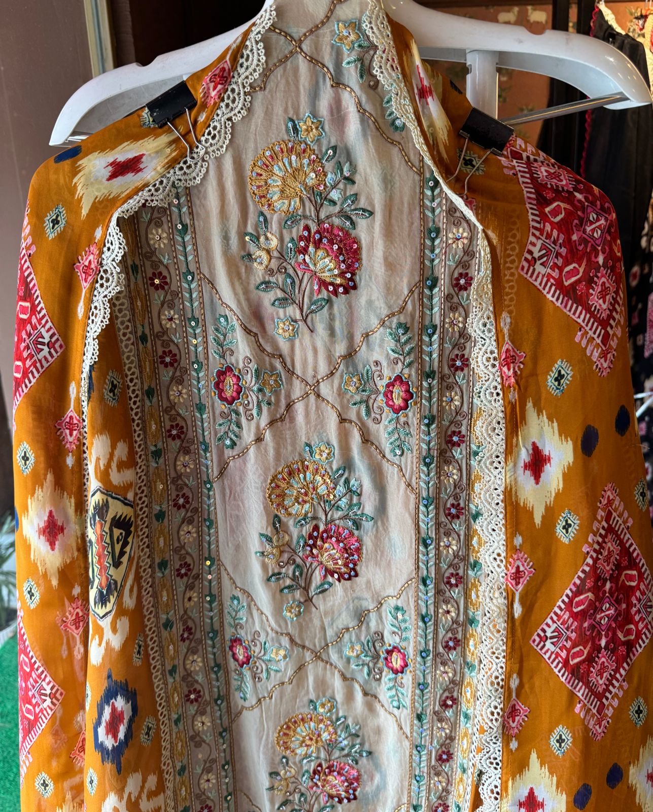 Digital Ikkat printed unstitched suit concept with thread work