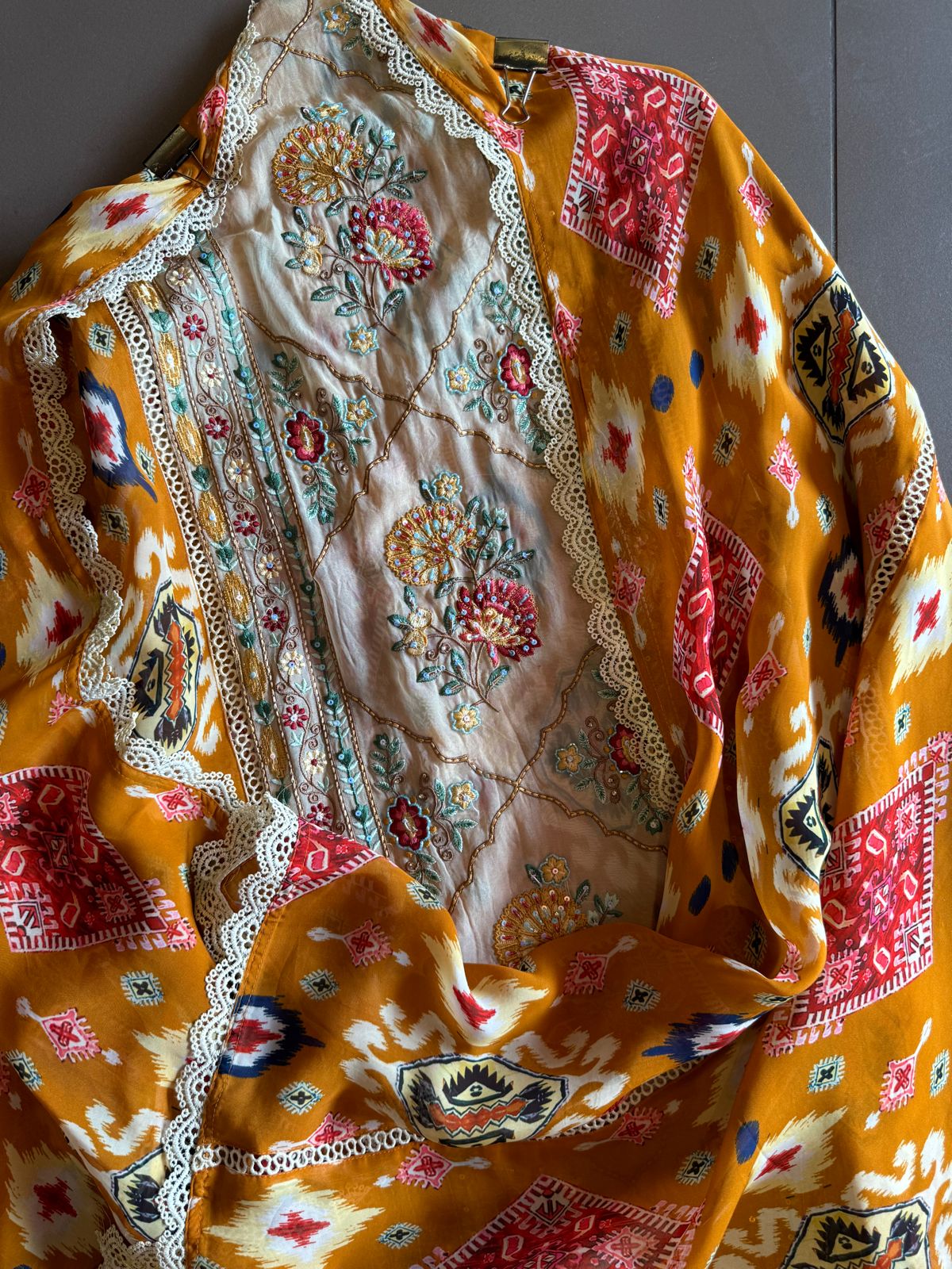 Digital Ikkat printed unstitched suit concept with thread work