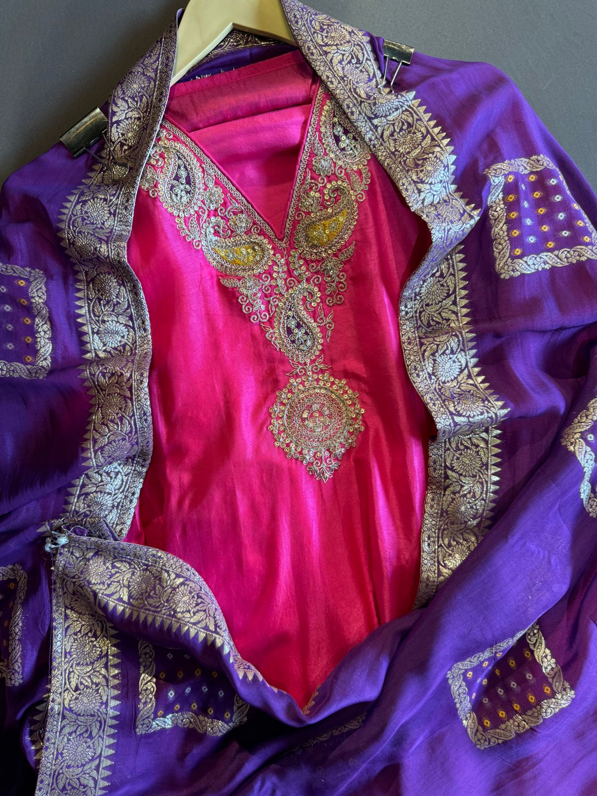 Pure Russian silk unstitched shirt with beautiful Dabka