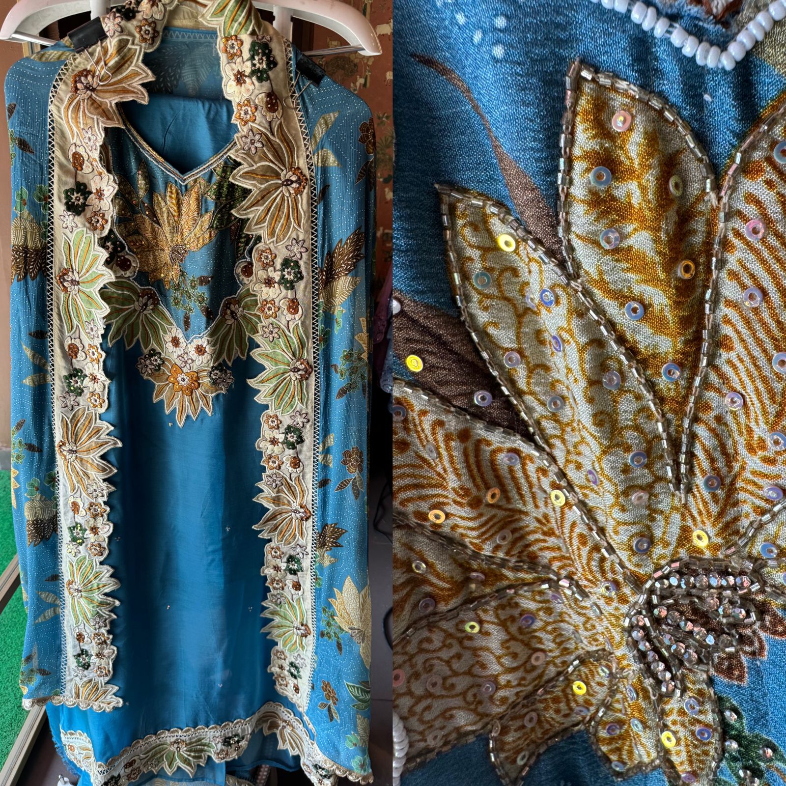 Organza Unstitched Shirt with beautiful Handwork