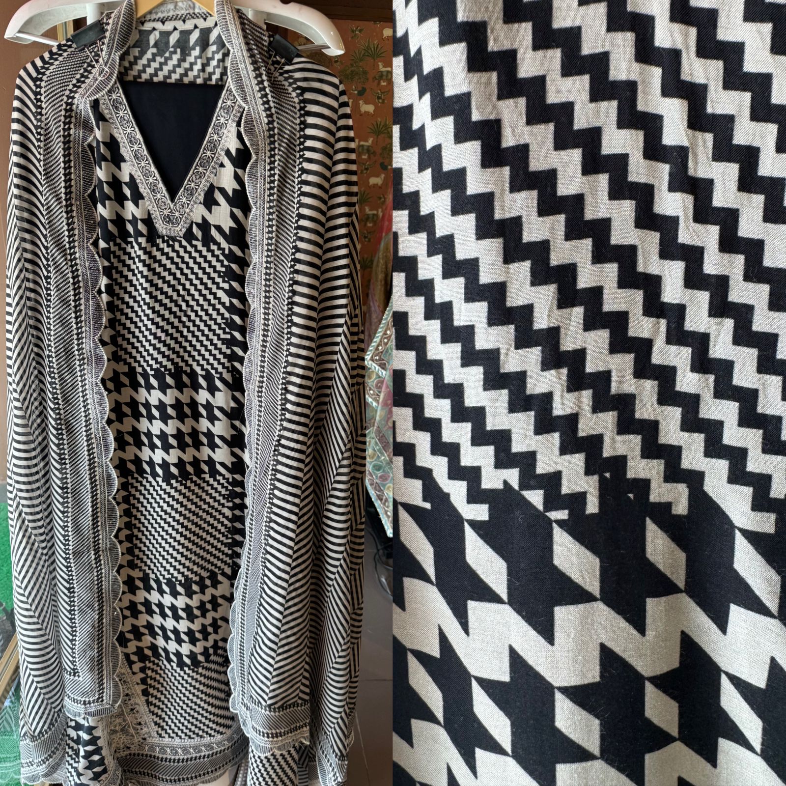 Pure Muslin Suit black and white concept with crochia lace