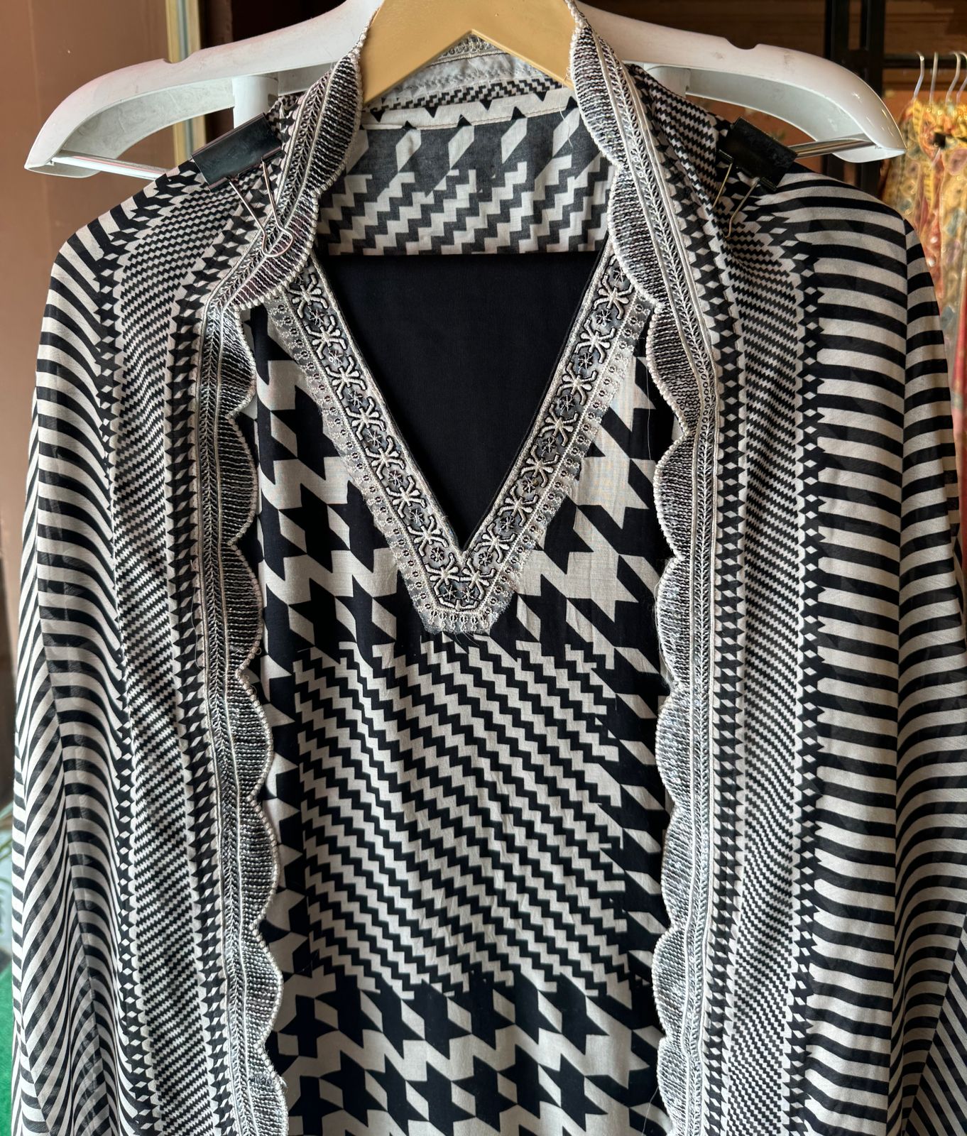 Pure Muslin Suit black and white concept with crochia lace