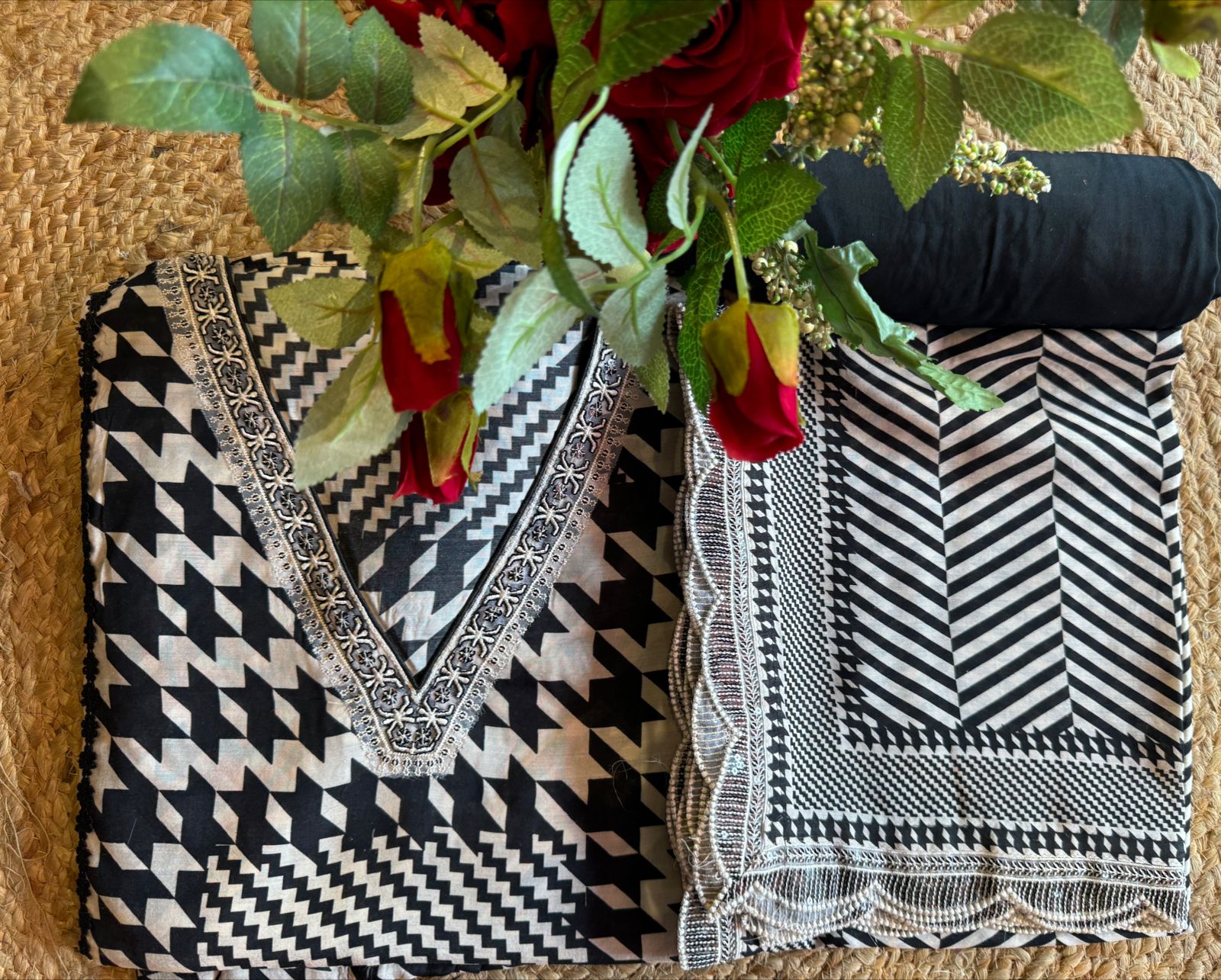 Pure Muslin Suit black and white concept with crochia lace