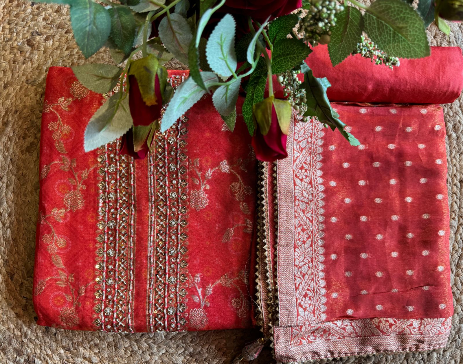 Digital printed tissue unstitched suit with banarsi Jaal