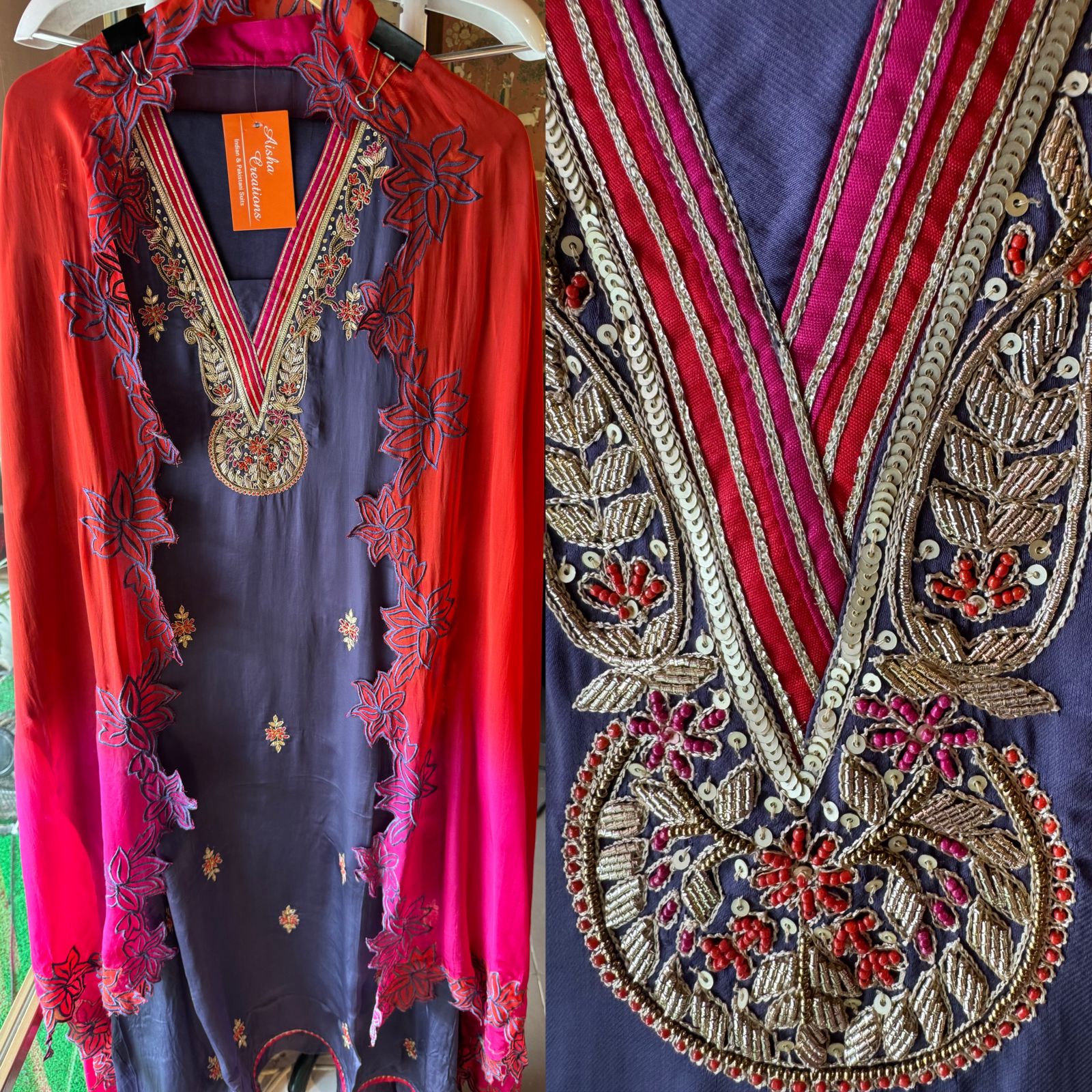 Satin silk Unstitched full size shirt with zardosi and Dabka