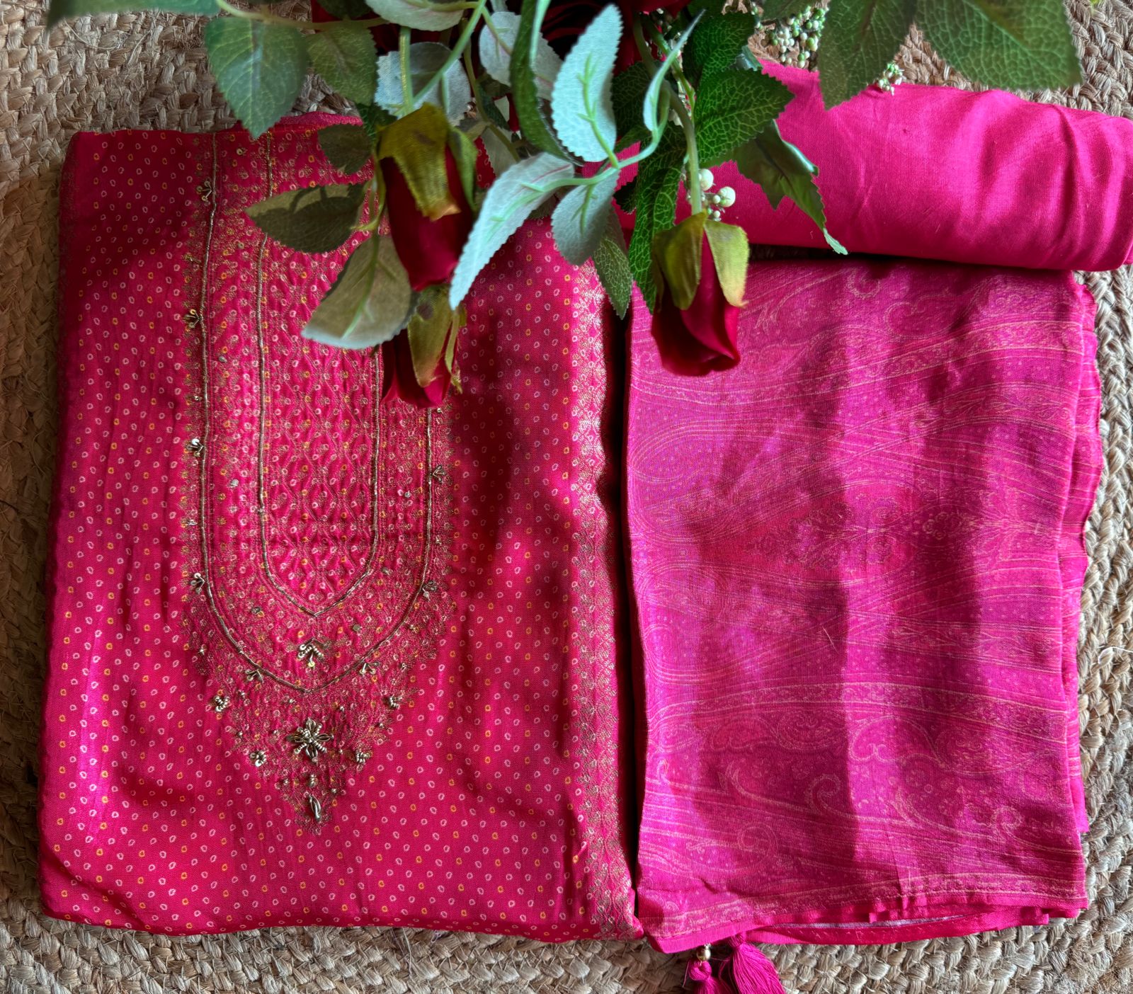 Pure Silk Unstitched shirts with bandhani print