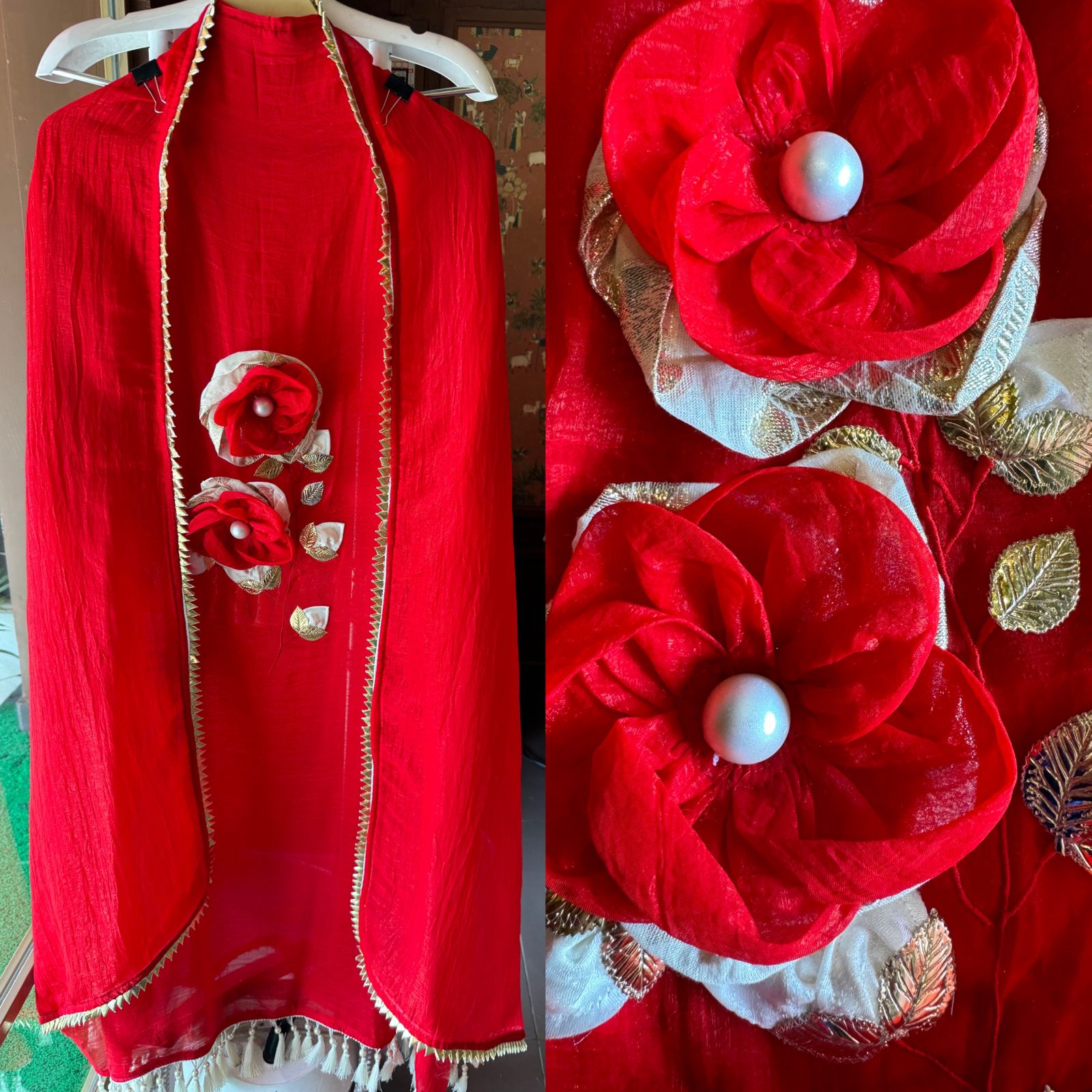 Crushed tissue unstitched kurta with 3D Floral design