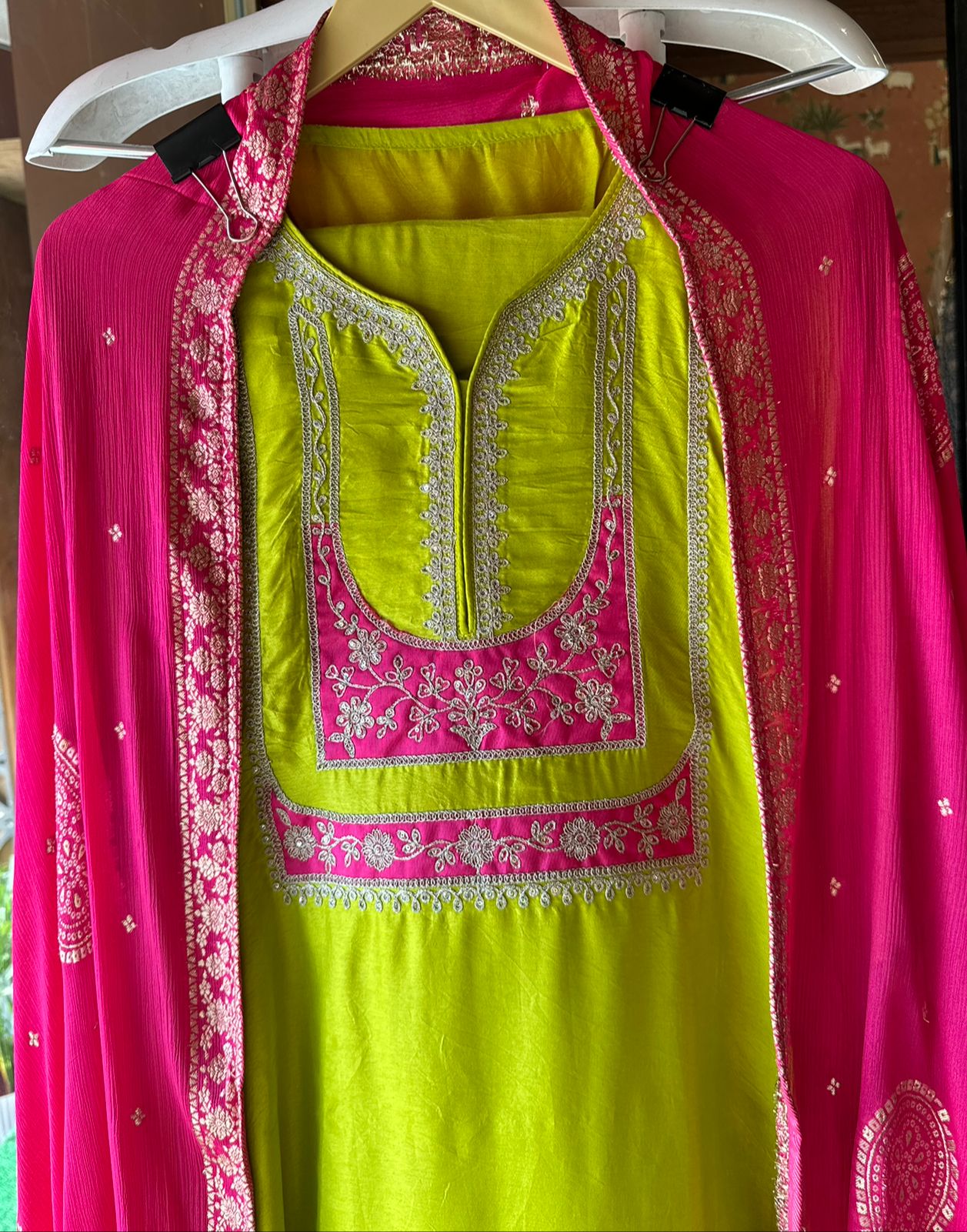 Pure Silk Unstitched Kurta (Neonish Green in colour)