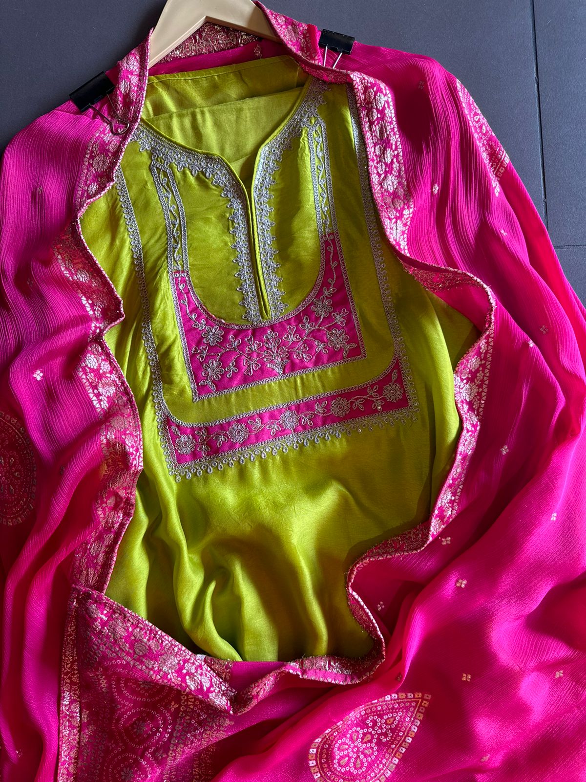 Pure Silk Unstitched Kurta (Neonish Green in colour)