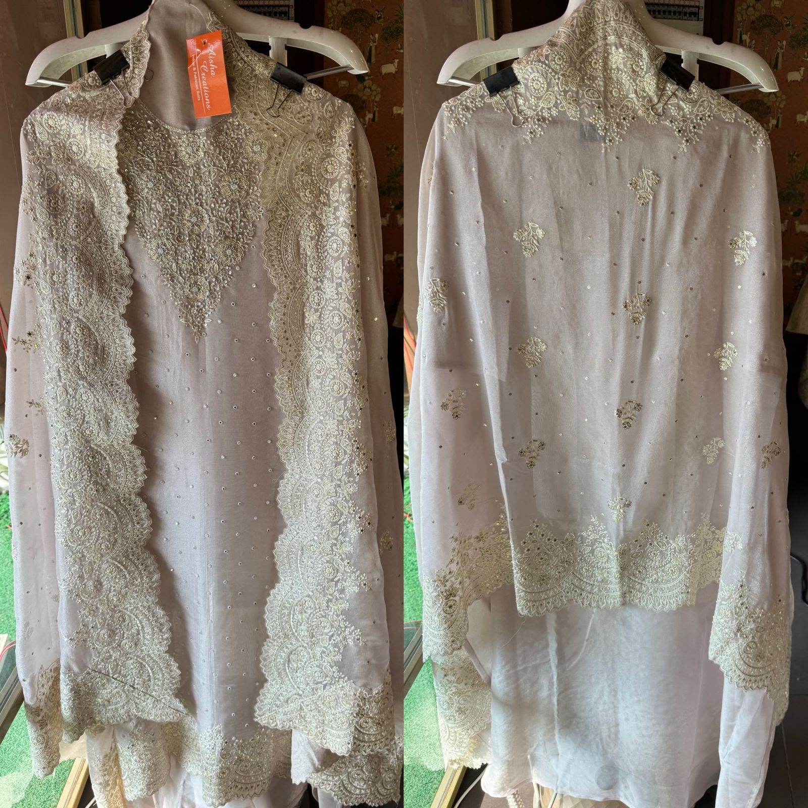 Pure Tissue unstitched Shirt with handwork highlighting on the neckline with Dabka,Dori