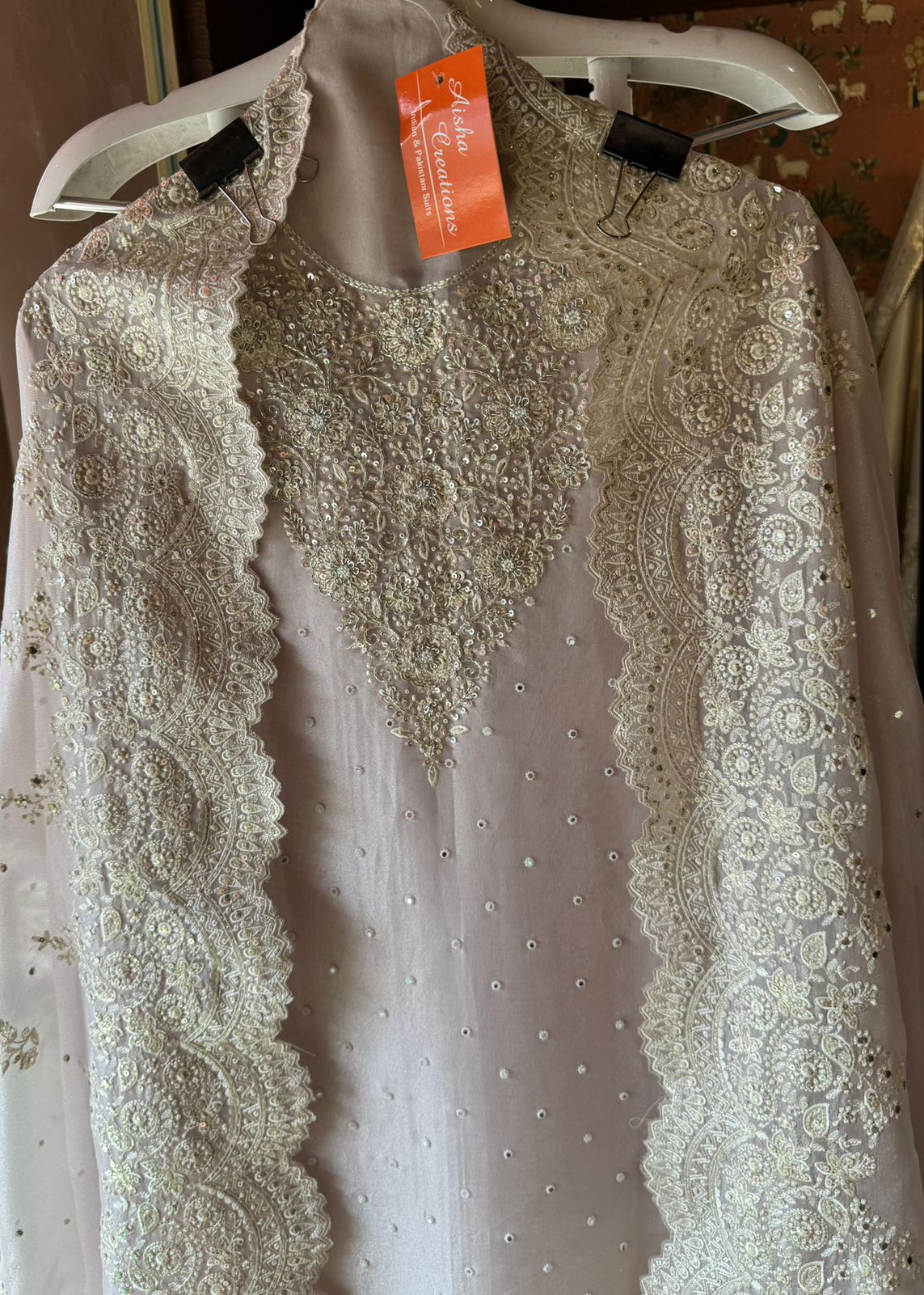 Pure Tissue unstitched Shirt with handwork highlighting on the neckline with Dabka,Dori