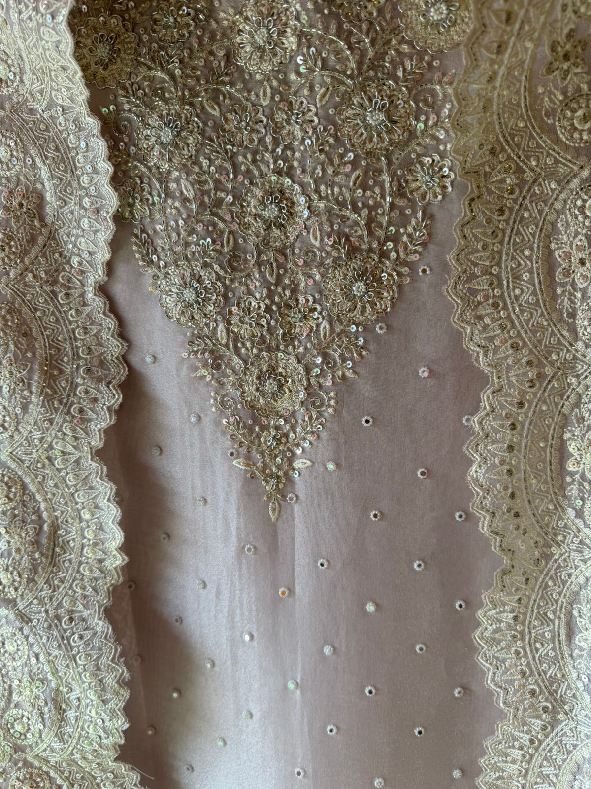 Pure Tissue unstitched Shirt with handwork highlighting on the neckline with Dabka,Dori