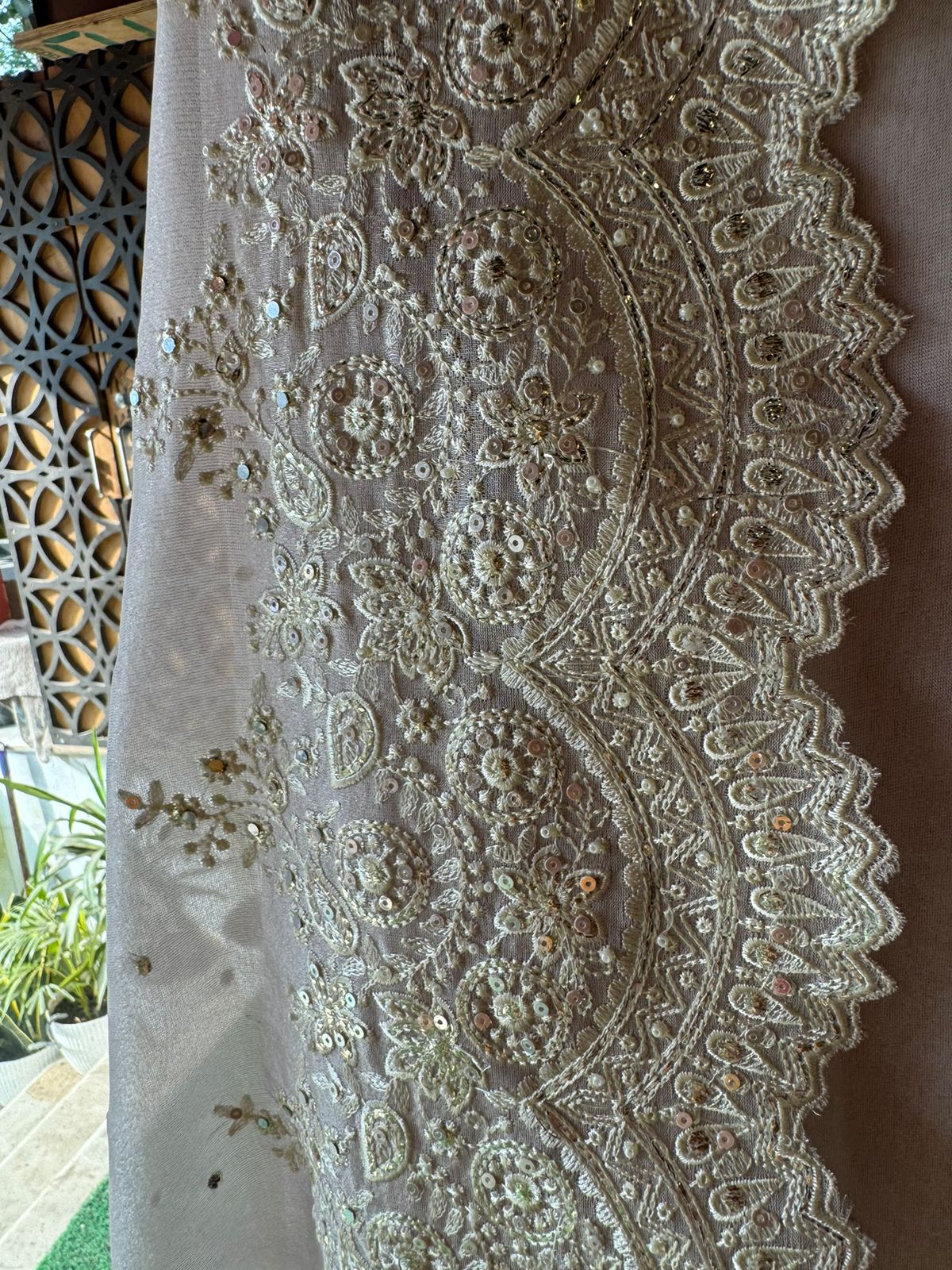 Pure Tissue unstitched Shirt with handwork highlighting on the neckline with Dabka,Dori