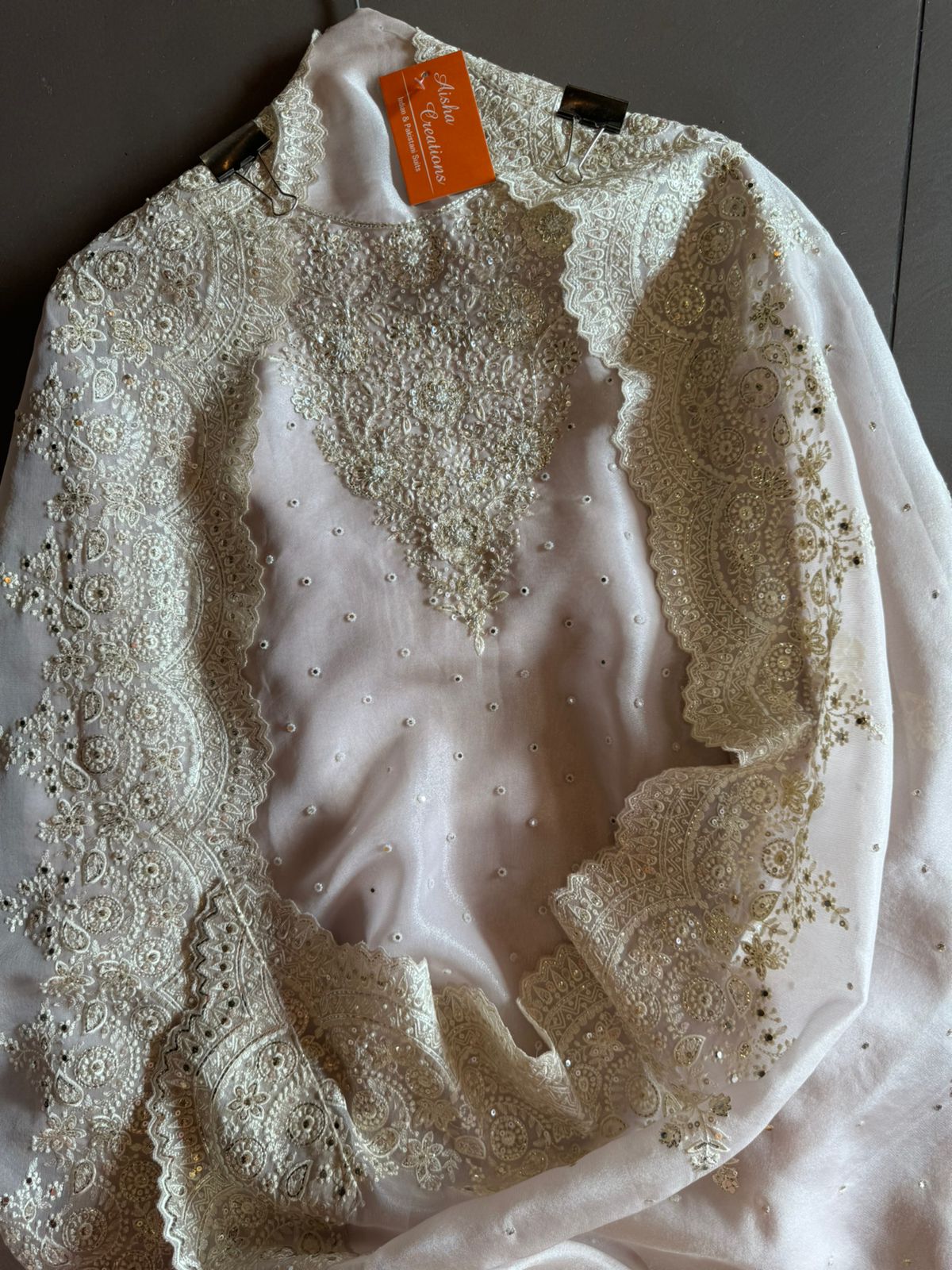 Pure Tissue unstitched Shirt with handwork highlighting on the neckline with Dabka,Dori