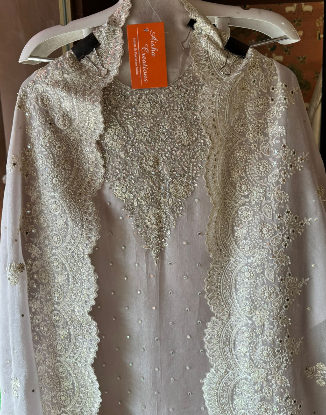 Pure Tissue unstitched Shirt with handwork highlighting on the neckline with Dabka,Dori