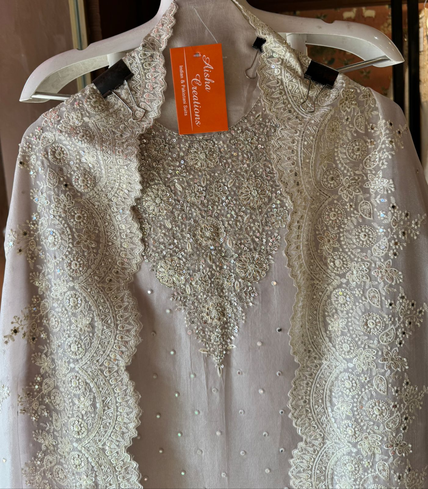 Pure Tissue unstitched Shirt with handwork highlighting on the neckline with Dabka,Dori