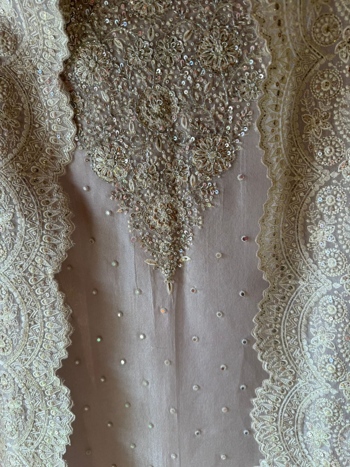 Pure Tissue unstitched Shirt with handwork highlighting on the neckline with Dabka,Dori