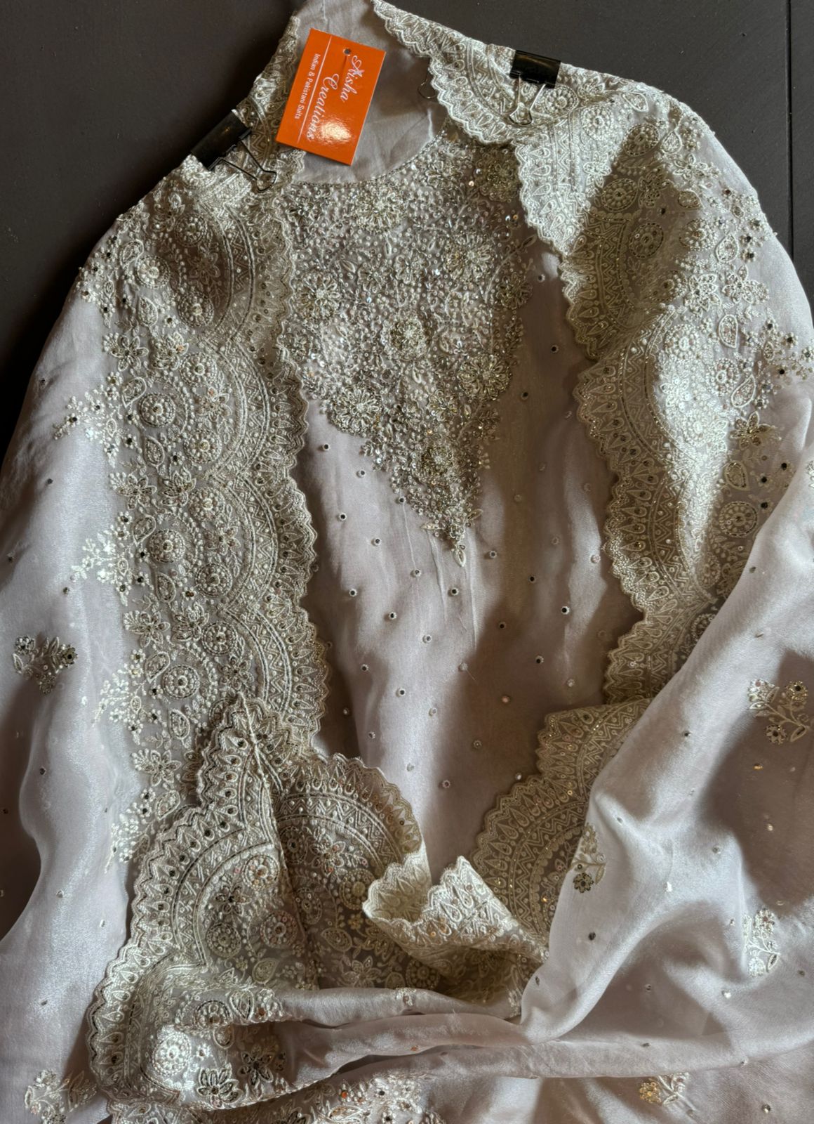 Pure Tissue unstitched Shirt with handwork highlighting on the neckline with Dabka,Dori