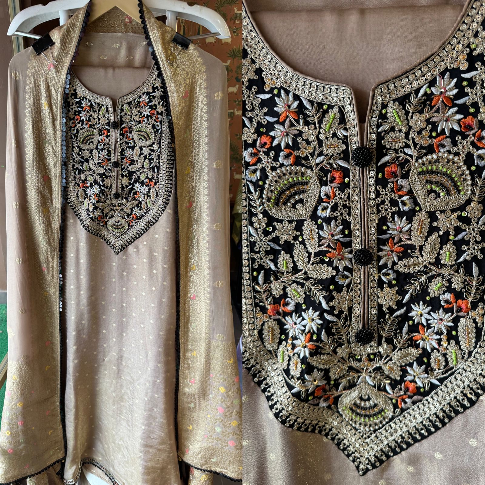 Tissue Unstitched Kurta design with self weavings