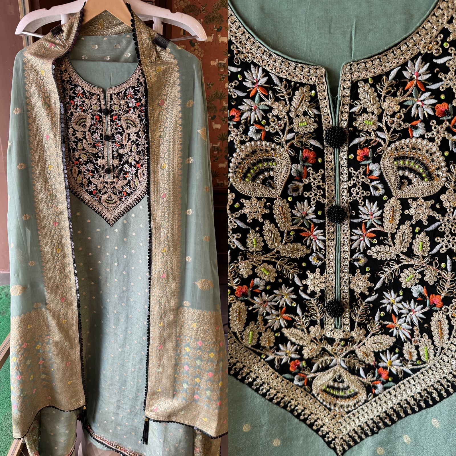 Tissue Unstitched Kurta design with self weavings