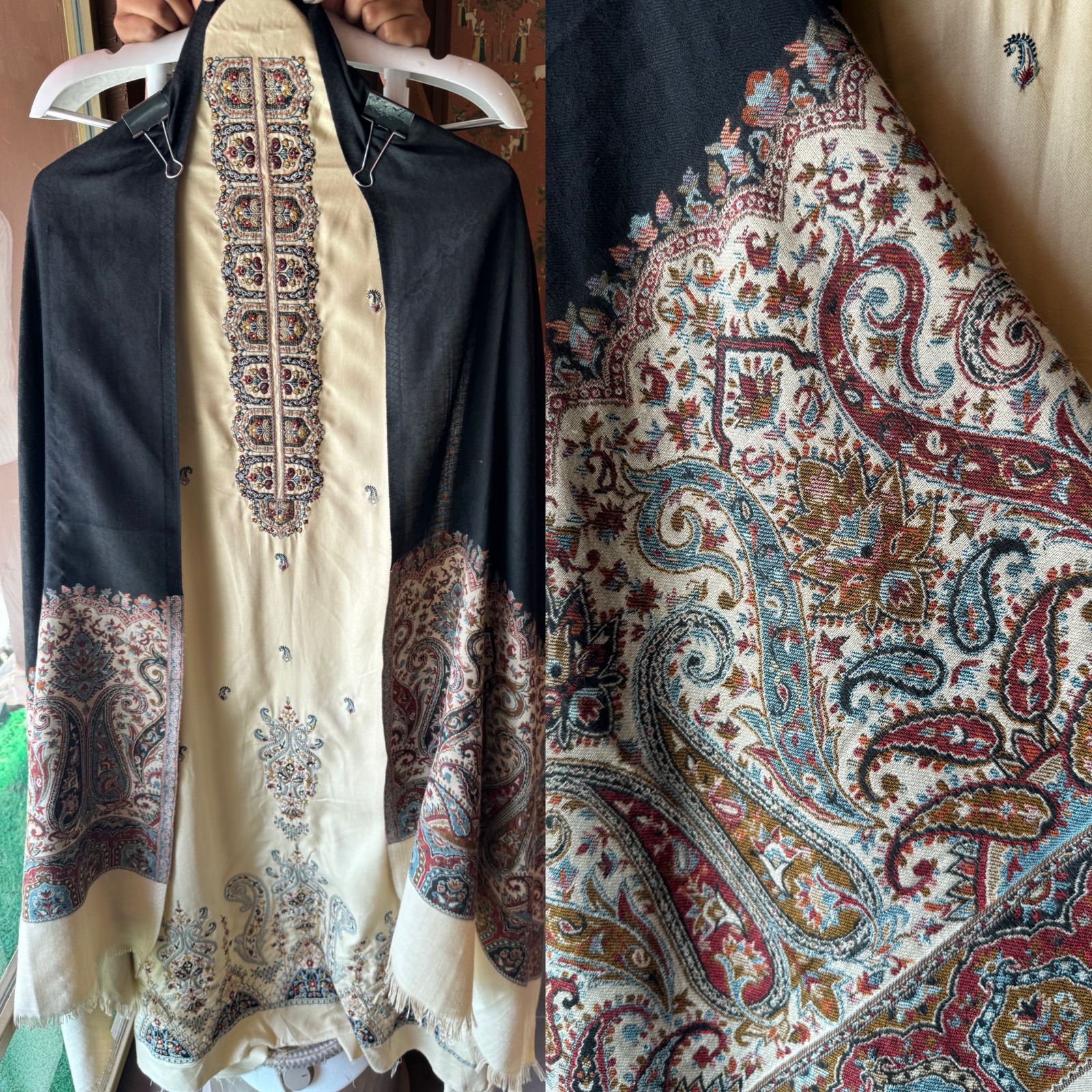 Pashmina unstitched kurta with thread embroidered neckline