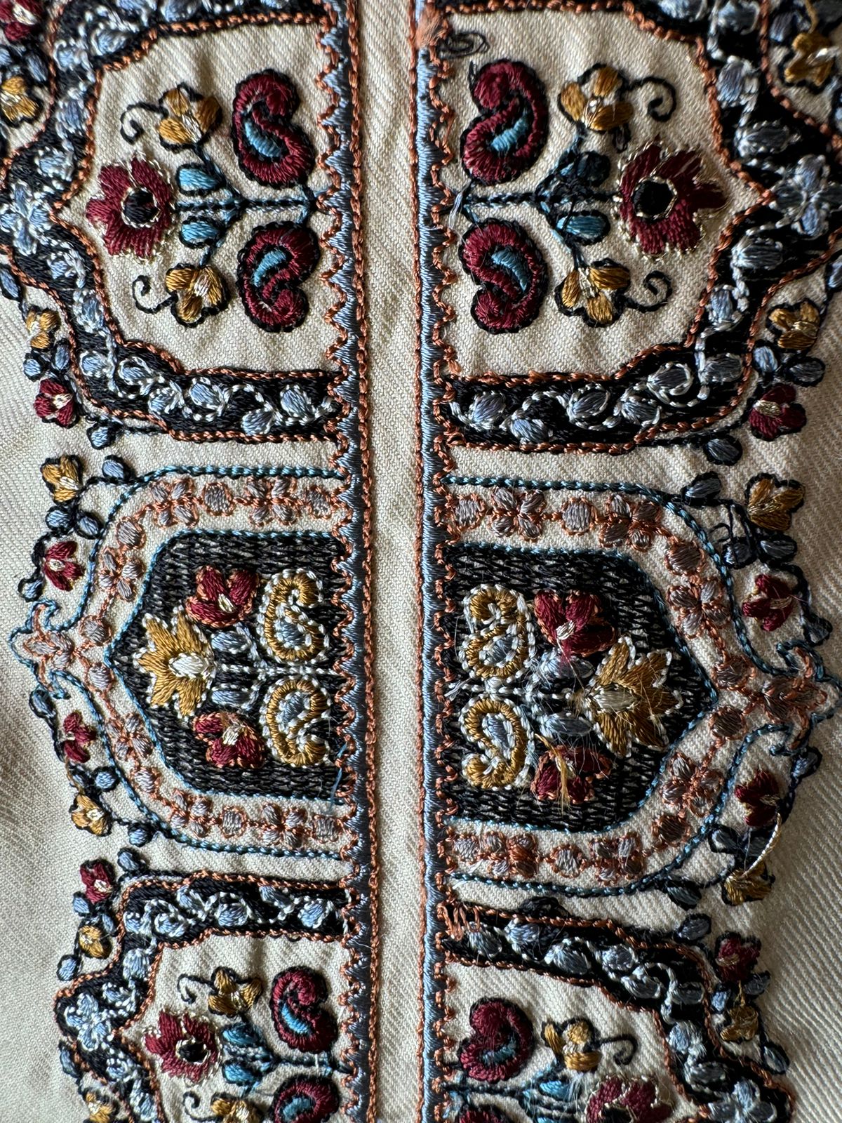 Pashmina unstitched kurta with thread embroidered neckline