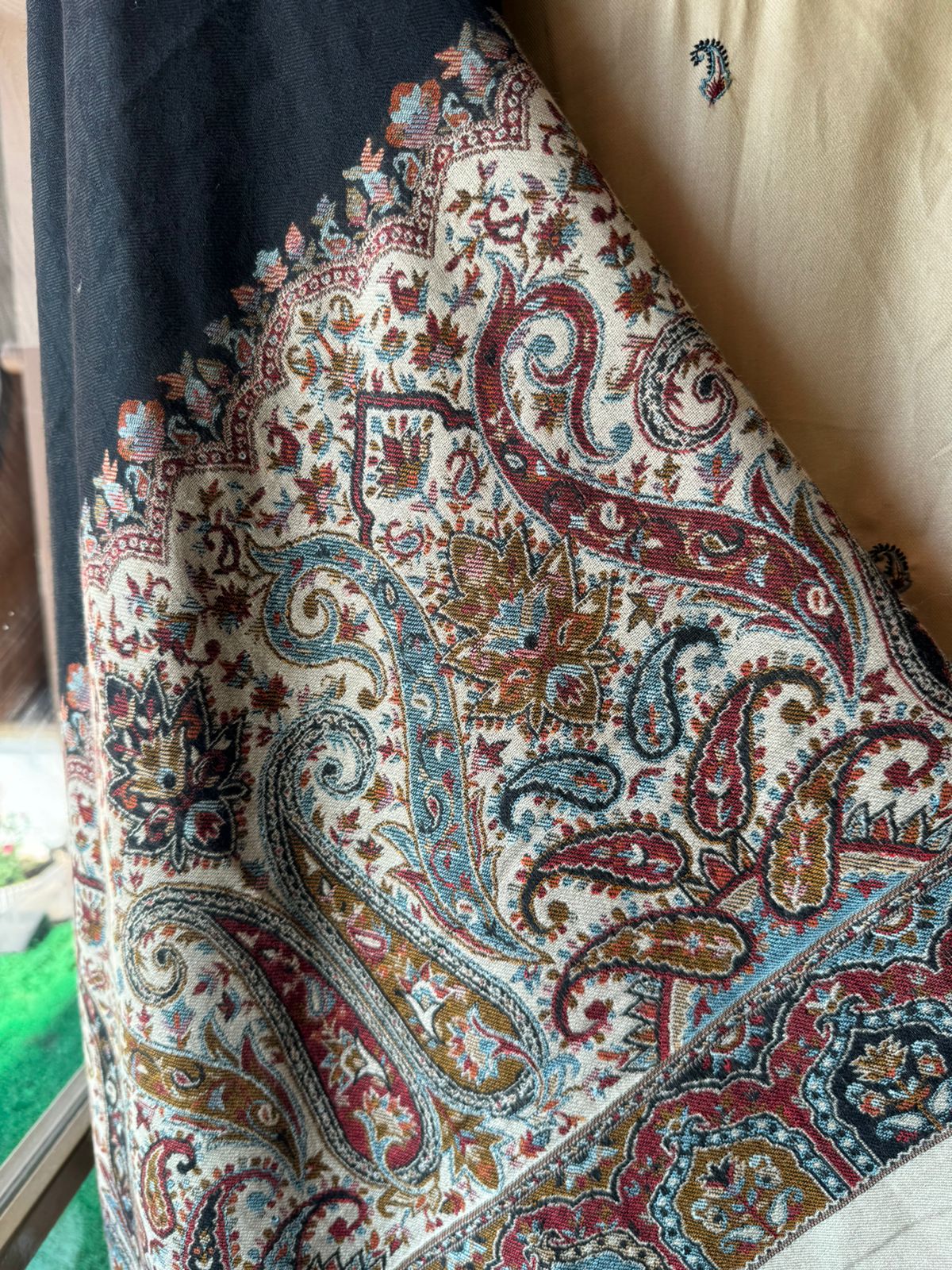 Pashmina unstitched kurta with thread embroidered neckline