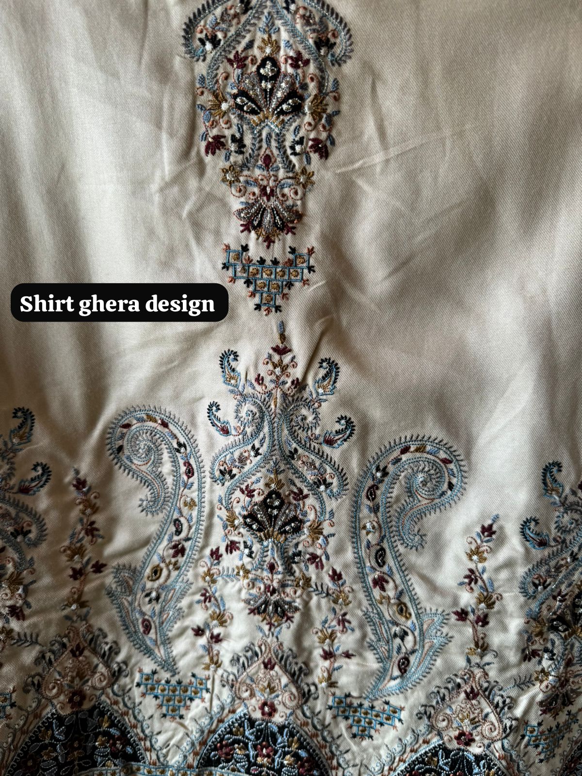 Pashmina unstitched kurta with thread embroidered neckline