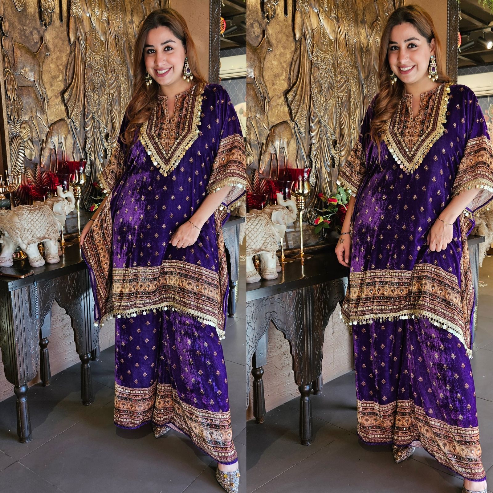 Digital printed velvet kaaftan set