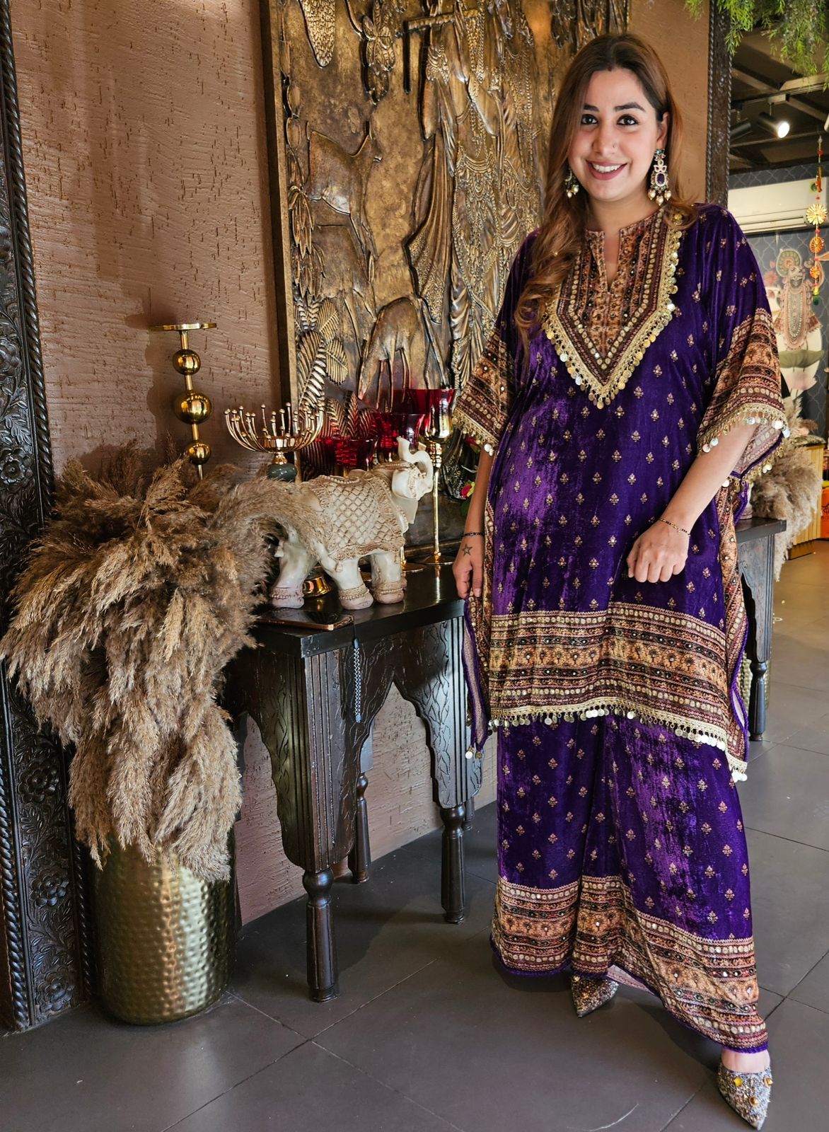 Digital printed velvet kaaftan set