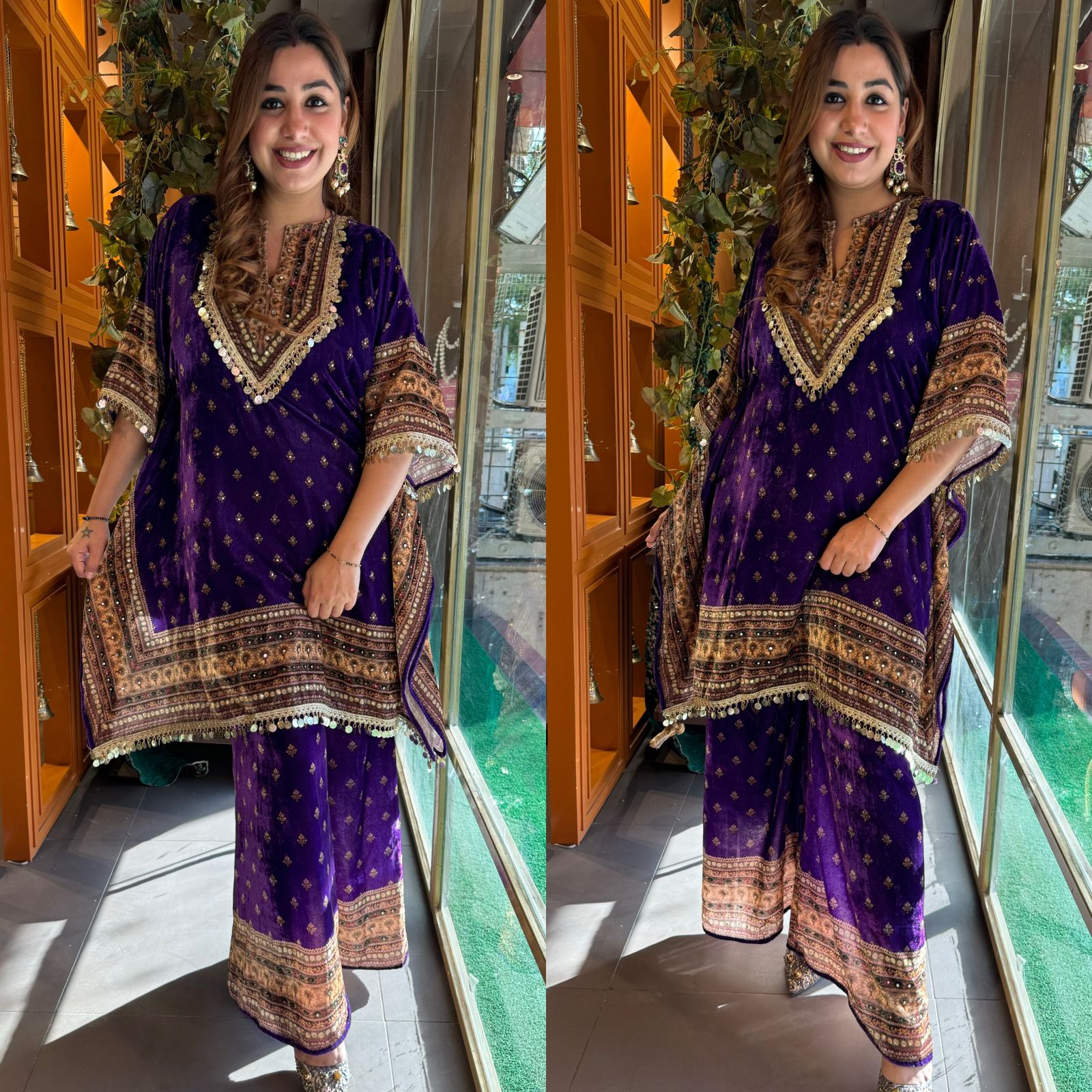 Digital printed velvet kaaftan set