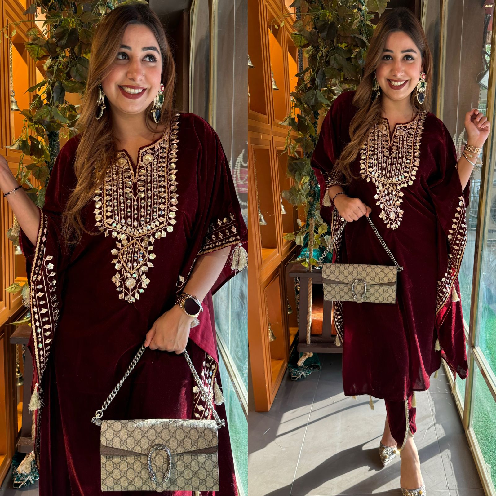 Pure Micro plain velvet kaaftan set with original leather Work and gotta Patti