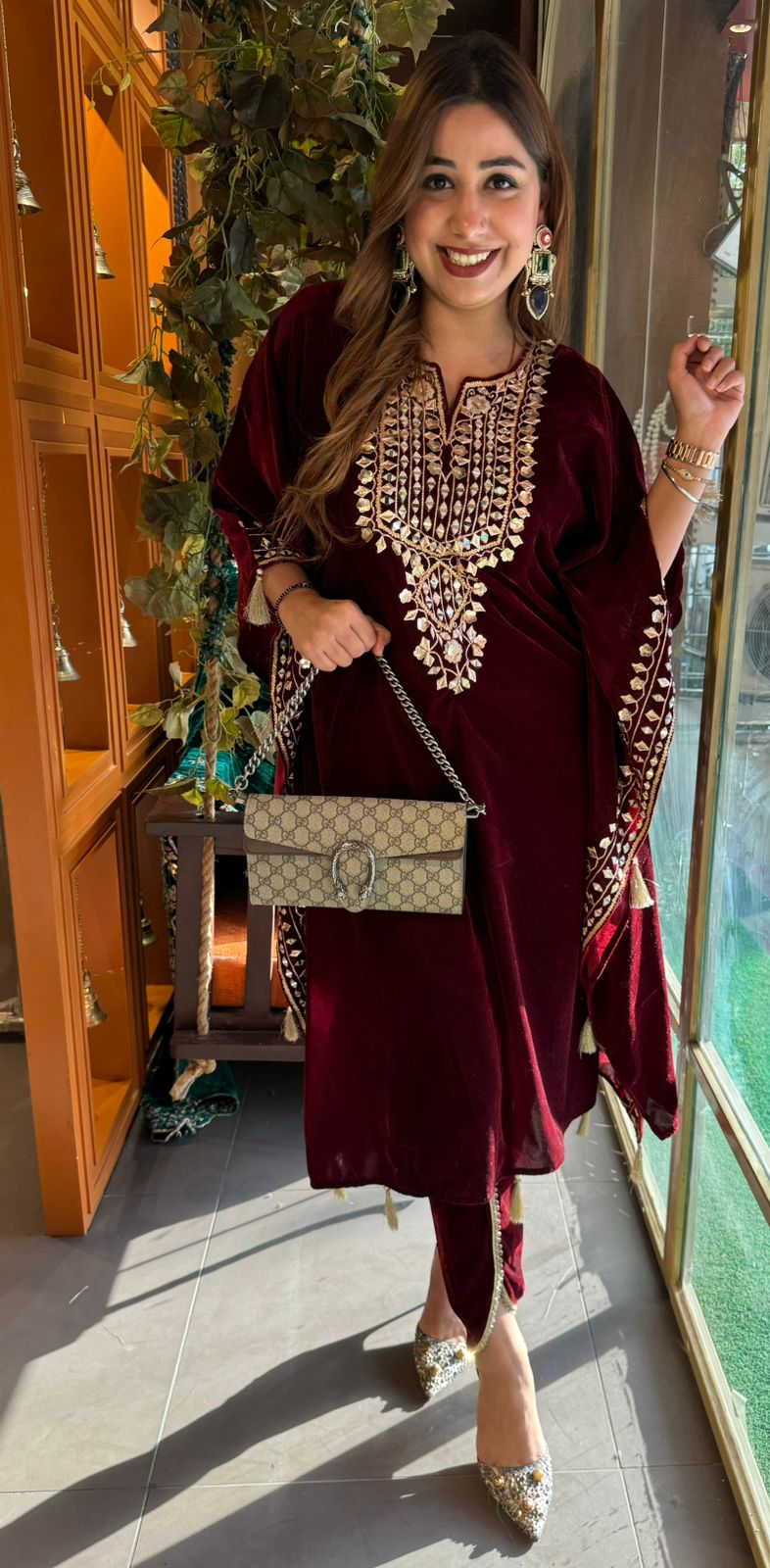 Pure Micro plain velvet kaaftan set with original leather Work and gotta Patti