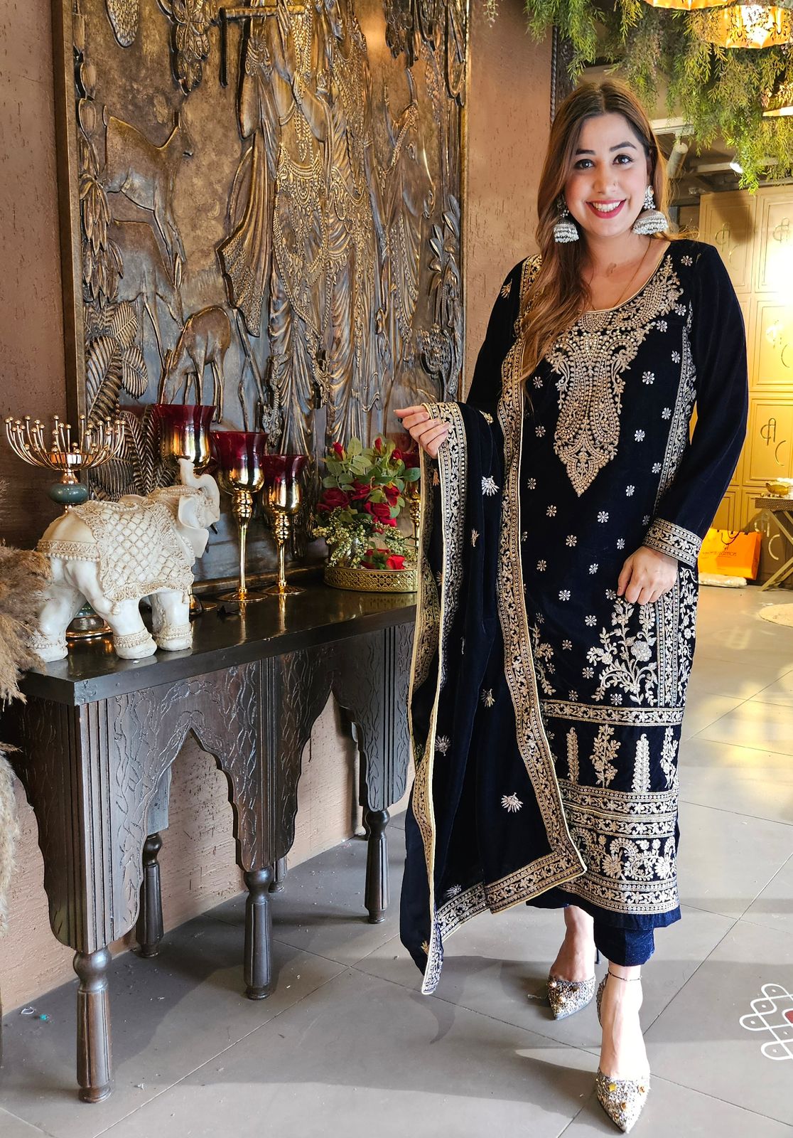 Shop our latest launch of Pakistani suit in velvet in 5 Colours