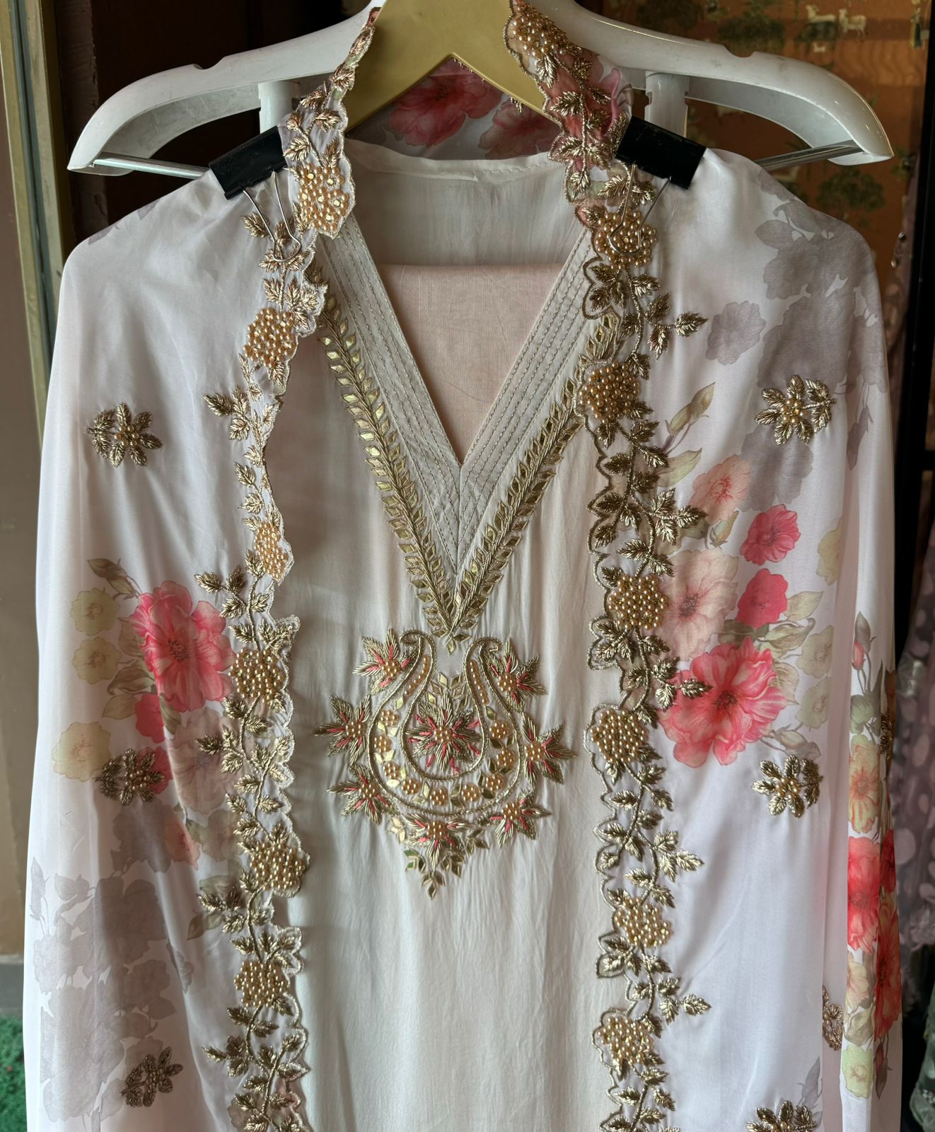 Pure crepe Shirt Unstitched and full in size with beautiful Neckwork