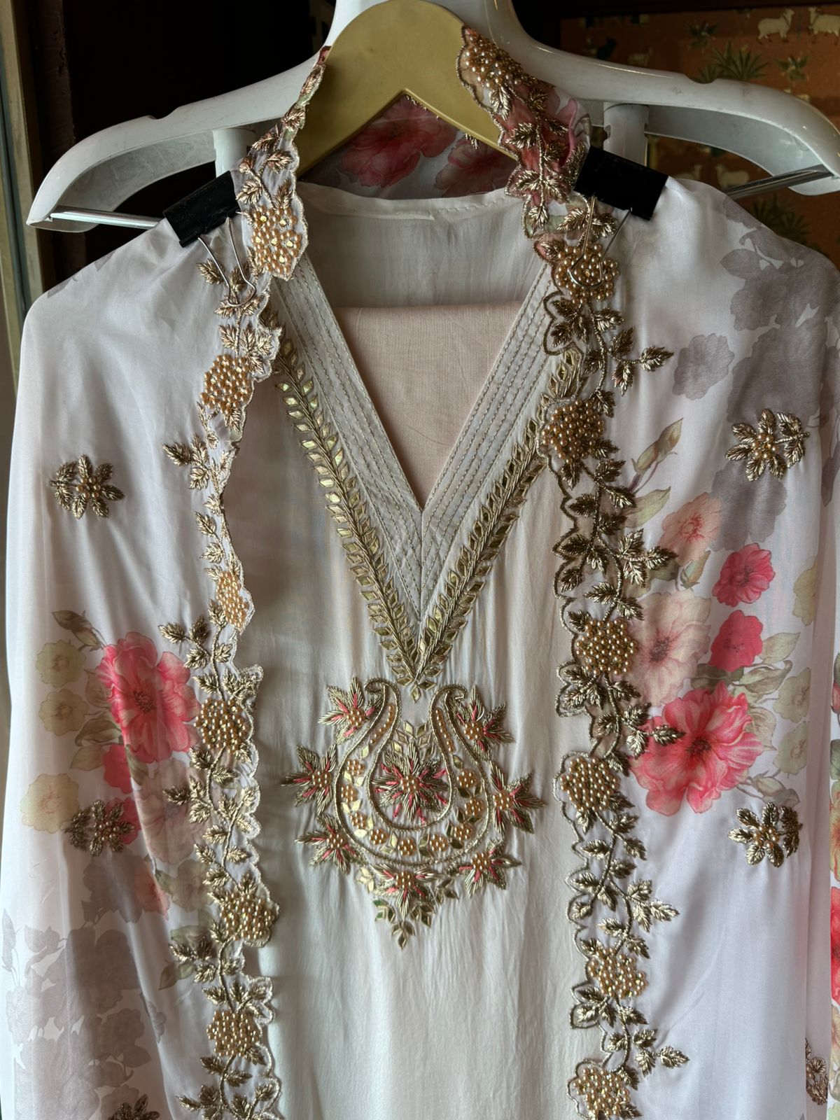 Pure crepe Shirt Unstitched and full in size with beautiful Neckwork