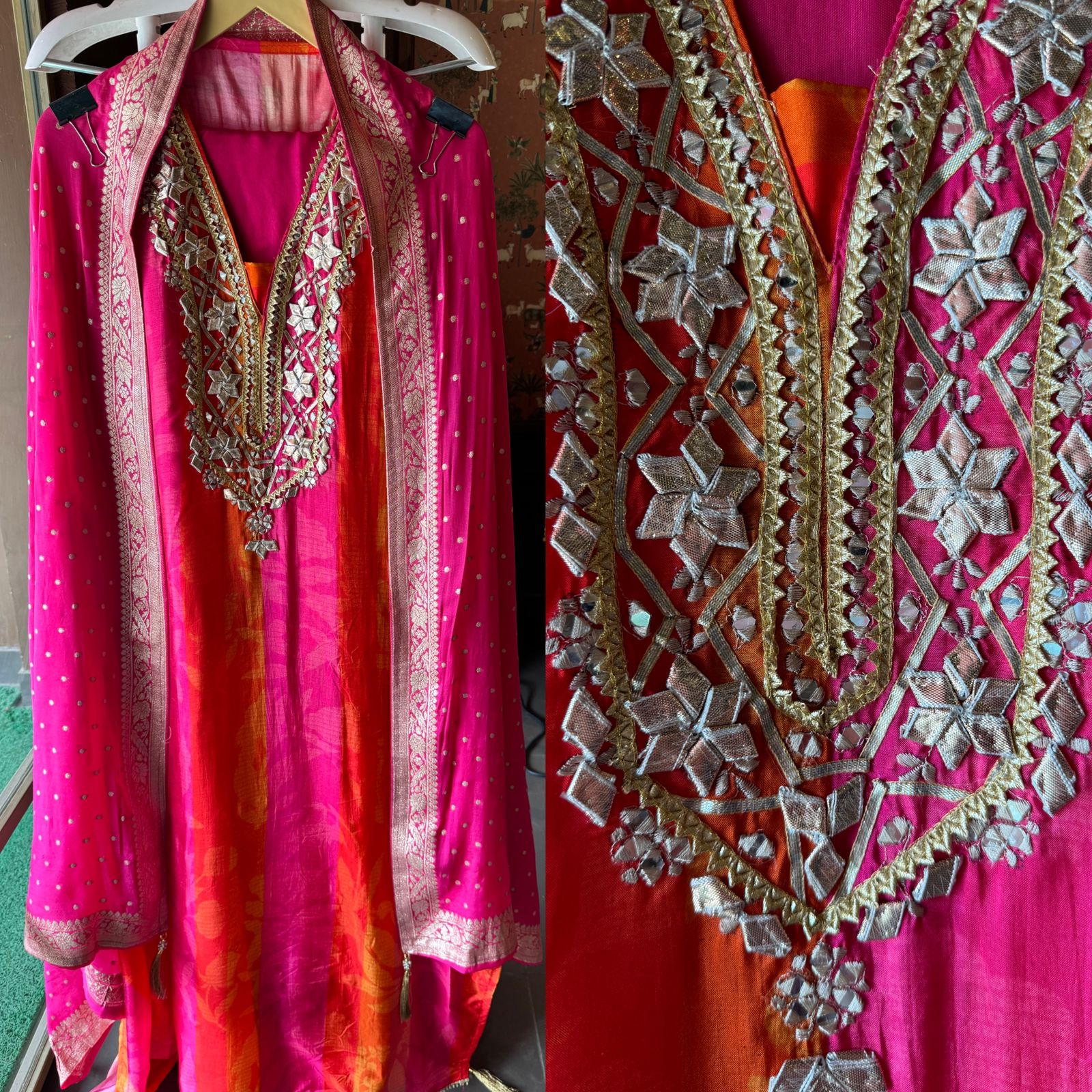Pure Silk Suit Dual shaded orange & Pink