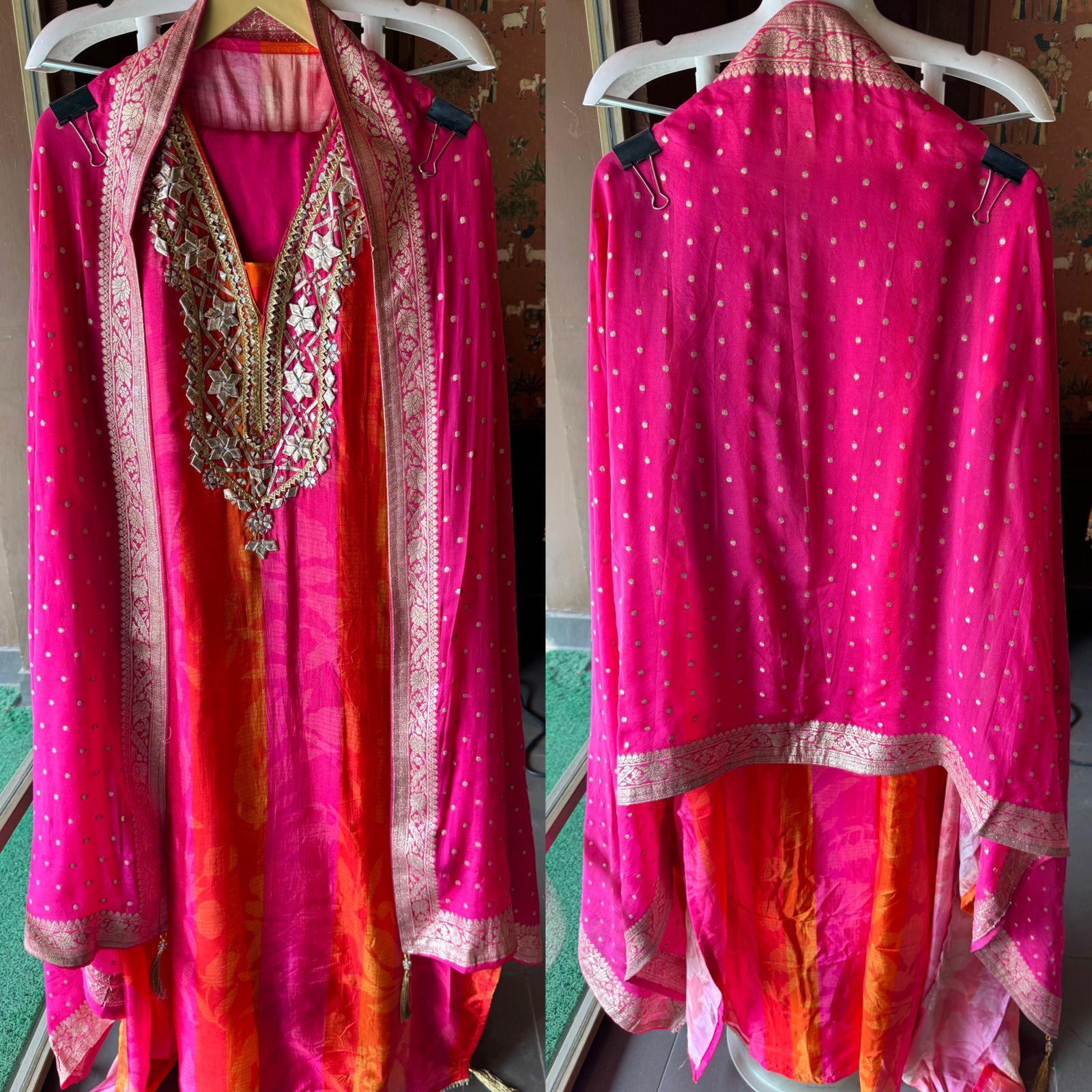 Pure Silk Suit Dual shaded orange & Pink