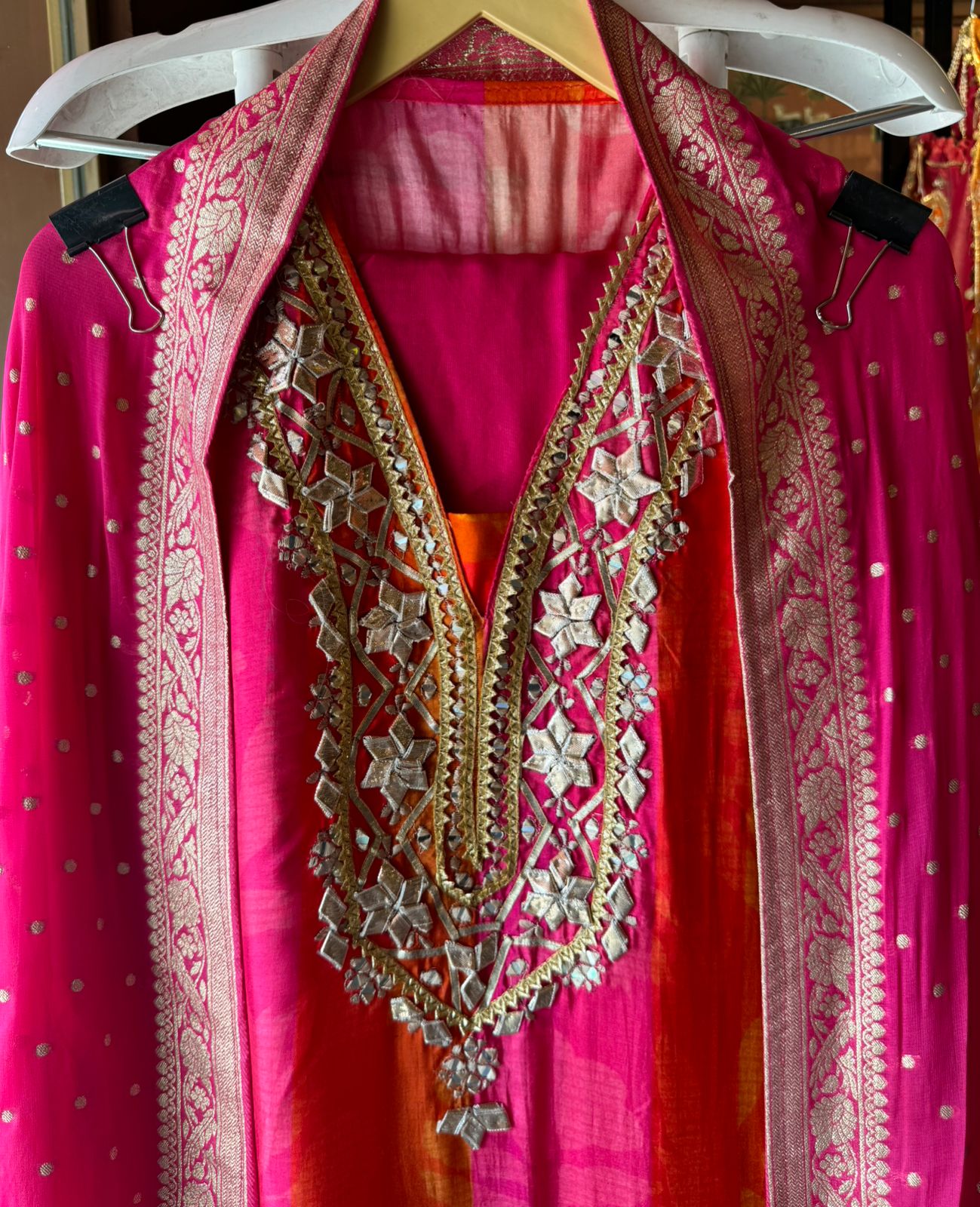 Pure Silk Suit Dual shaded orange & Pink