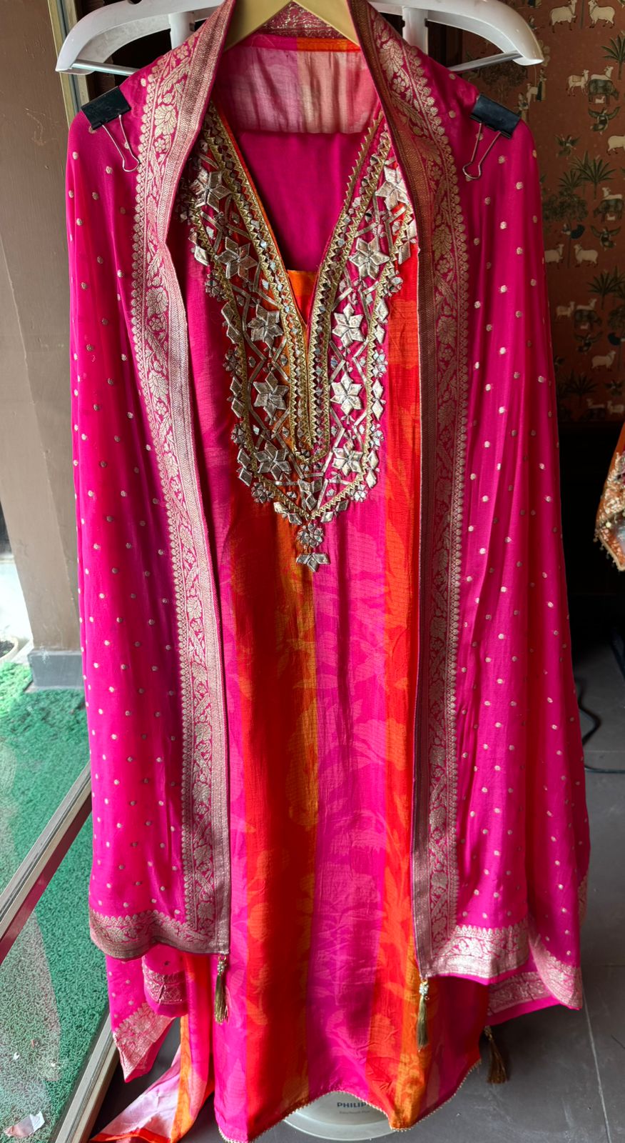 Pure Silk Suit Dual shaded orange & Pink