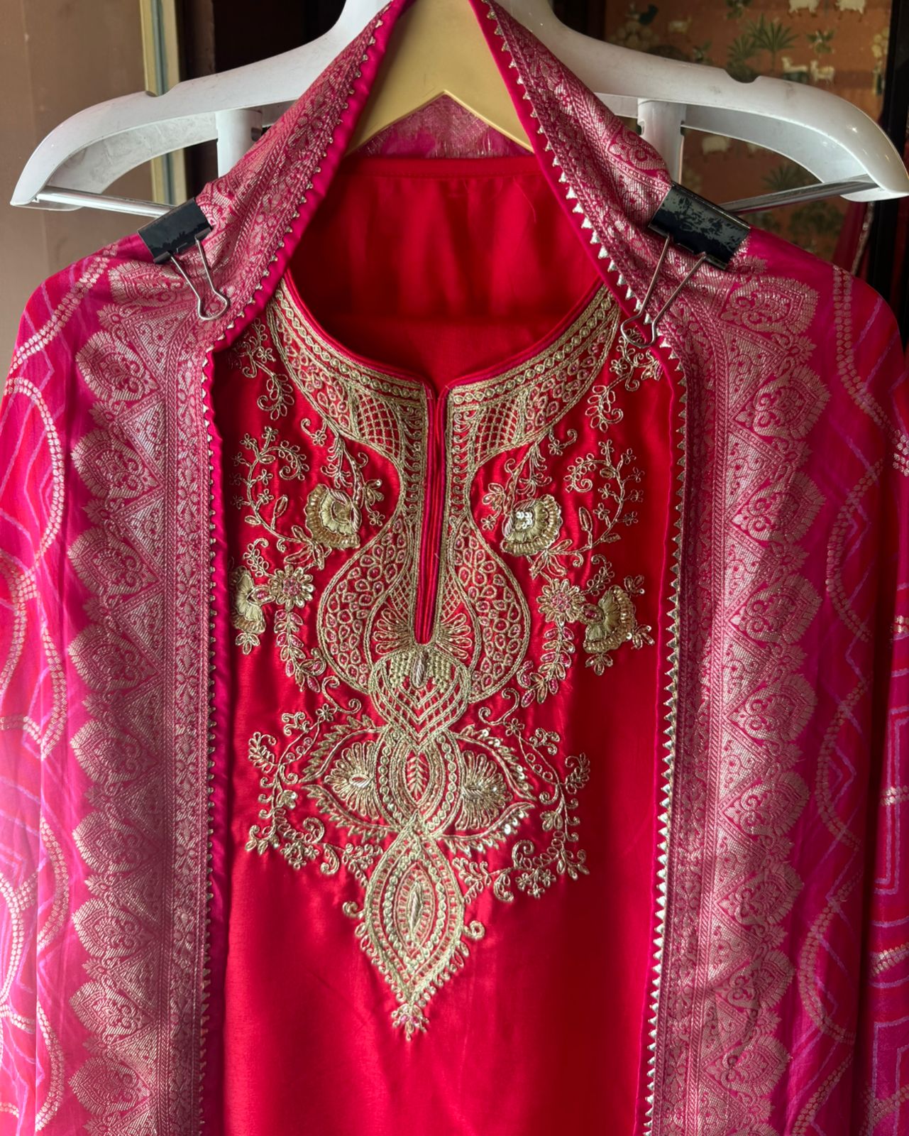 Pure Silk Unstitched Kurta with rajwada Style neckline