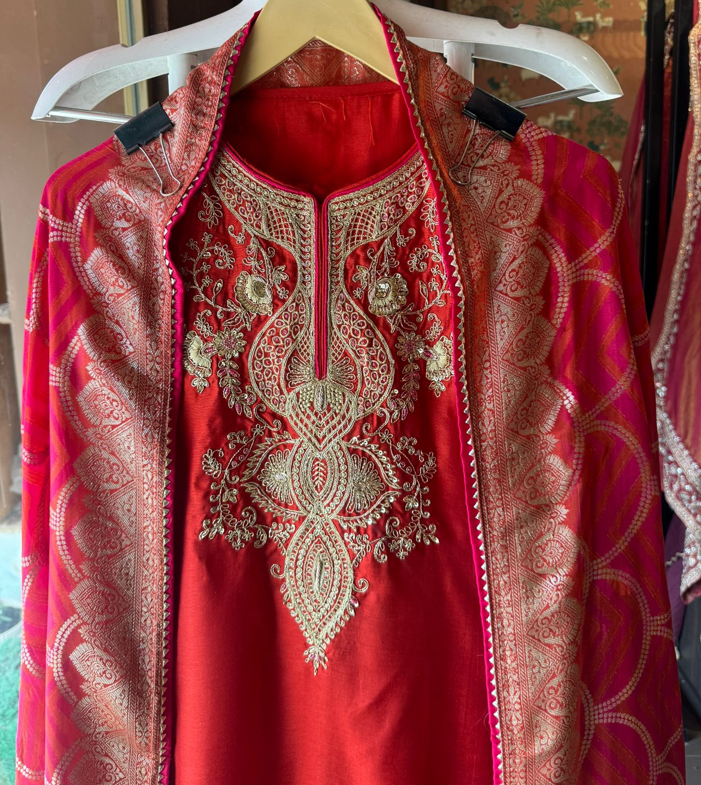 Pure Silk Unstitched Kurta with rajwada Style neckline