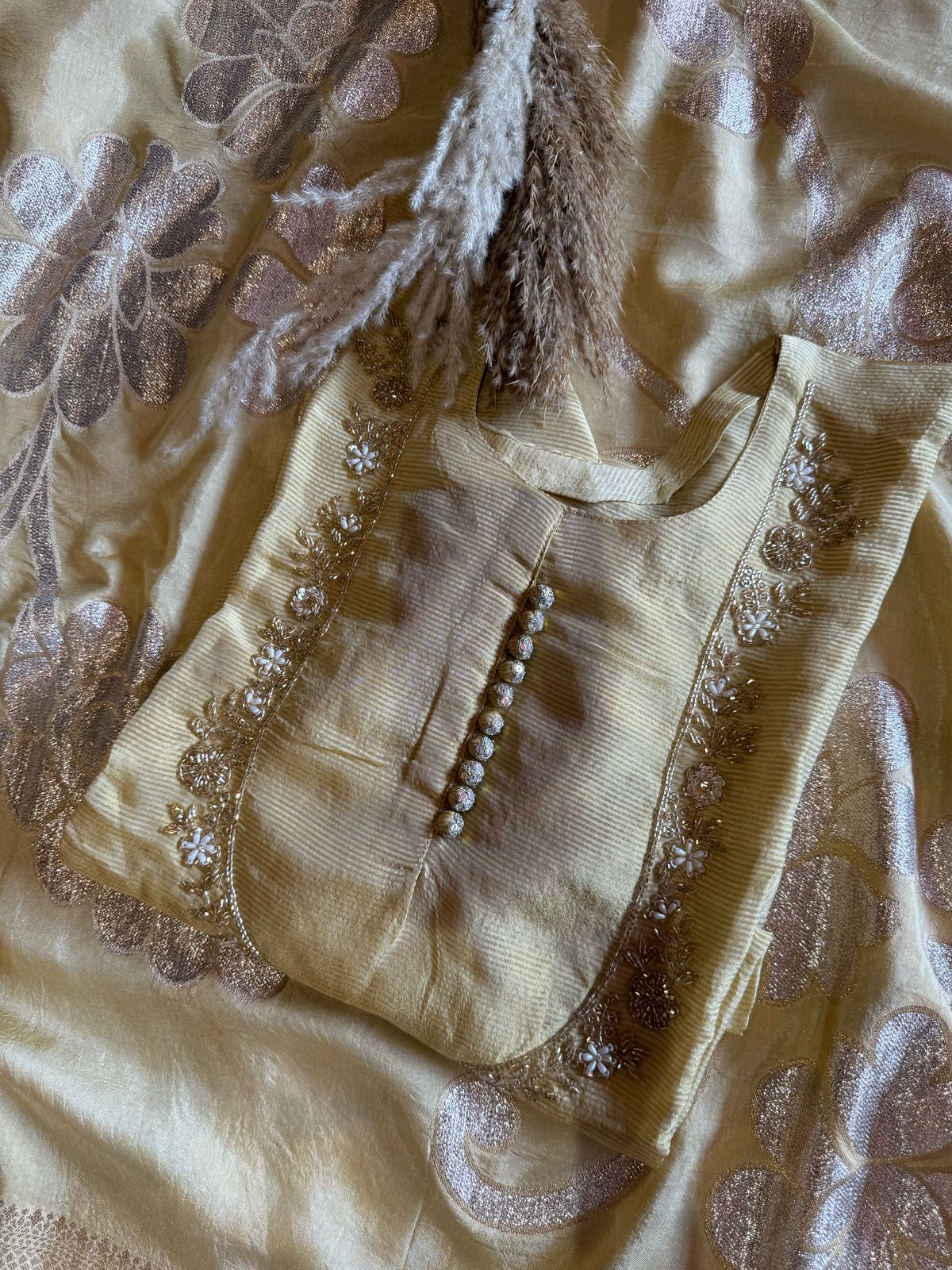 Self Tissue Kurta with Gold lurex Semi stitched shirt