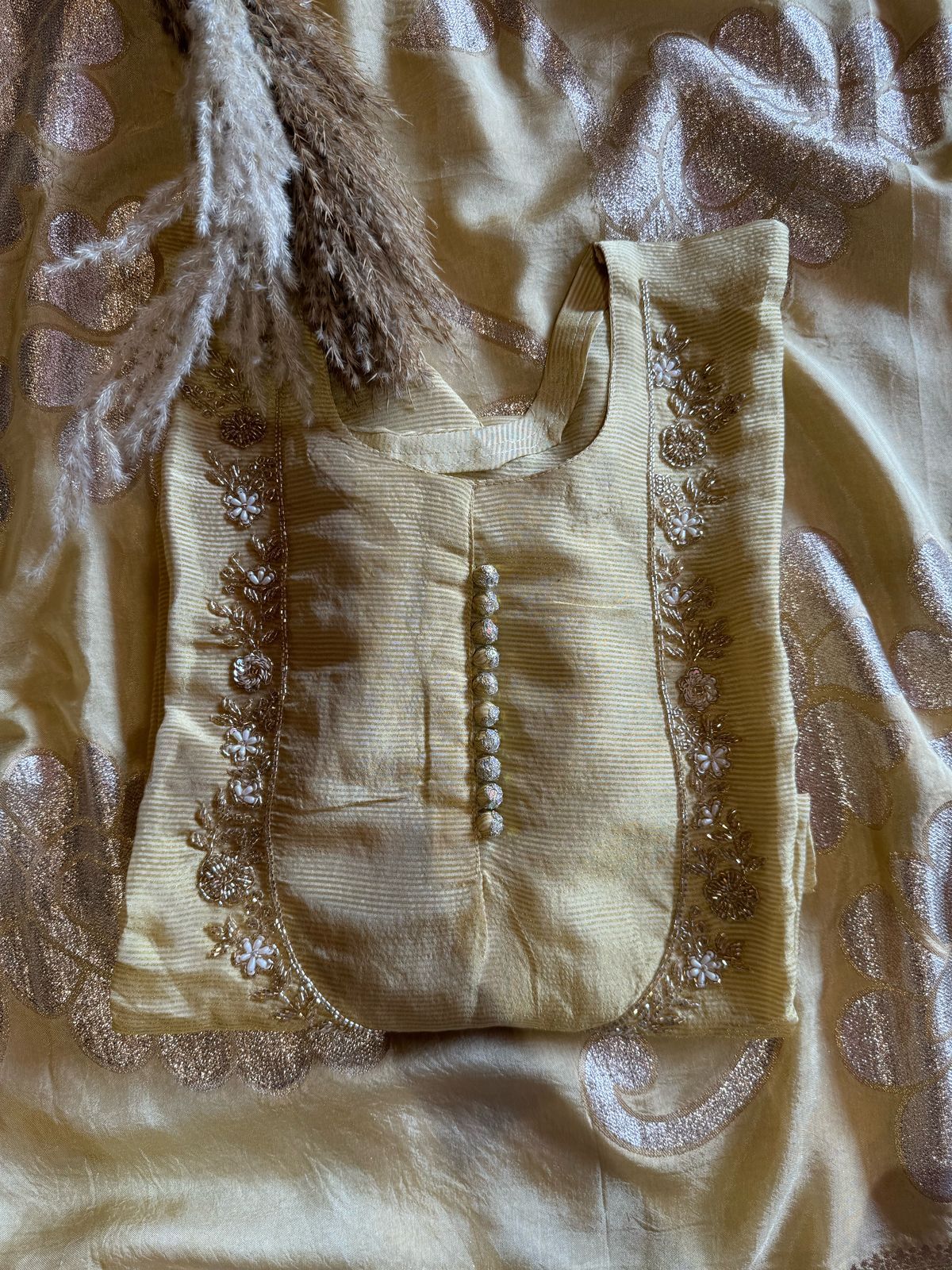 Self Tissue Kurta with Gold lurex Semi stitched shirt