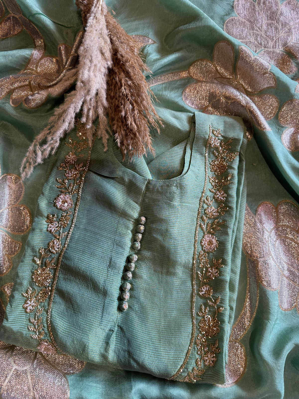 Self Tissue Kurta with Gold lurex Semi stitched shirt