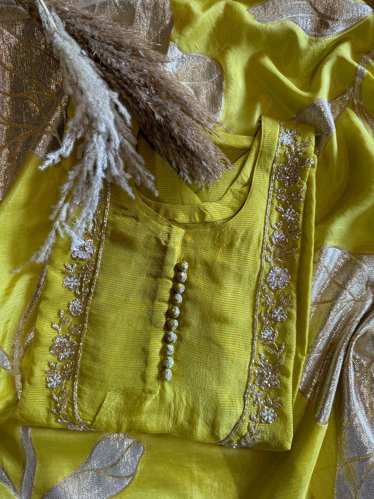 Self Tissue Kurta with Gold lurex Semi stitched shirt