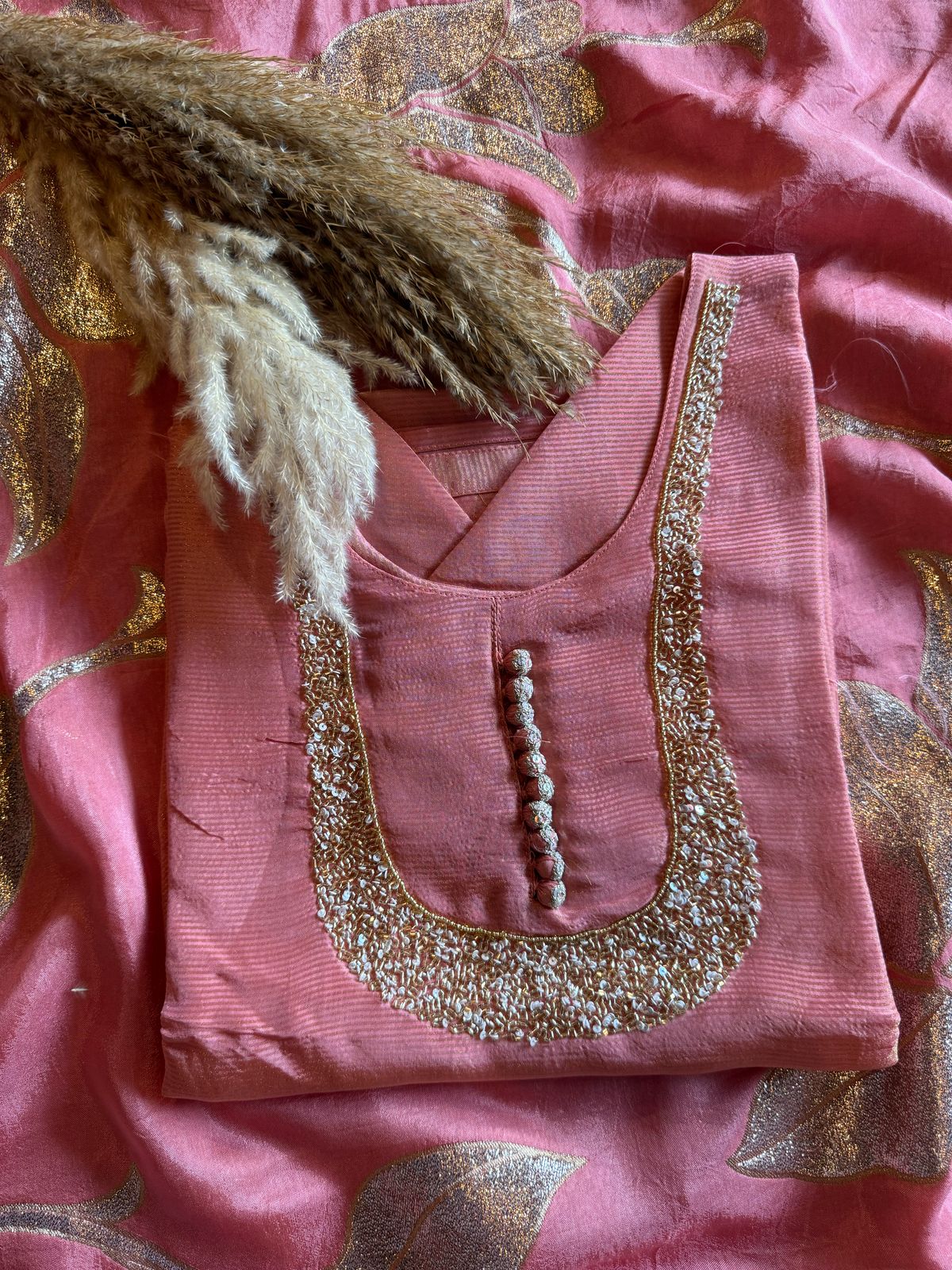 Self Tissue Kurta with Gold lurex Semi stitched shirt