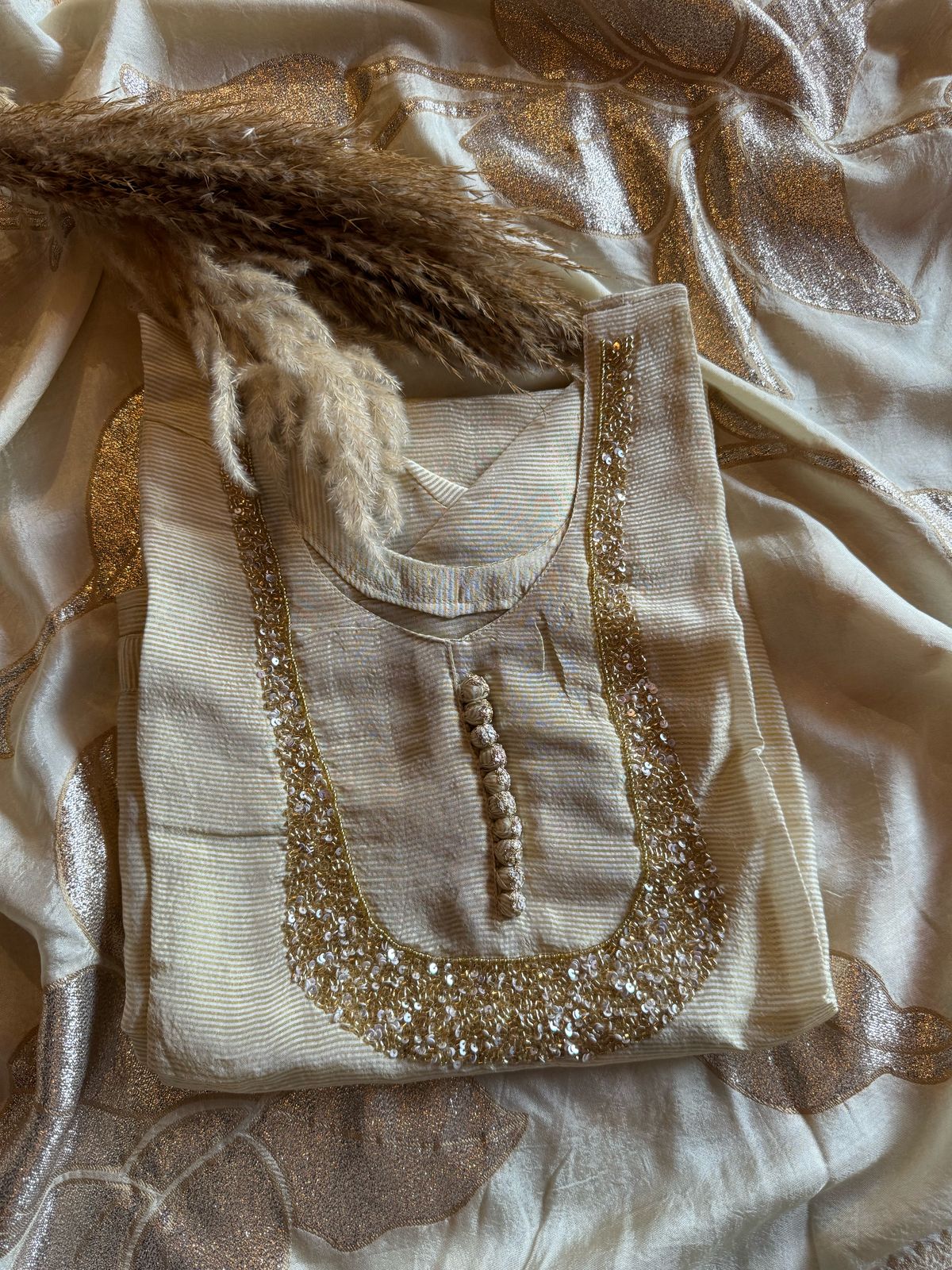 Self Tissue Kurta with Gold lurex Semi stitched shirt